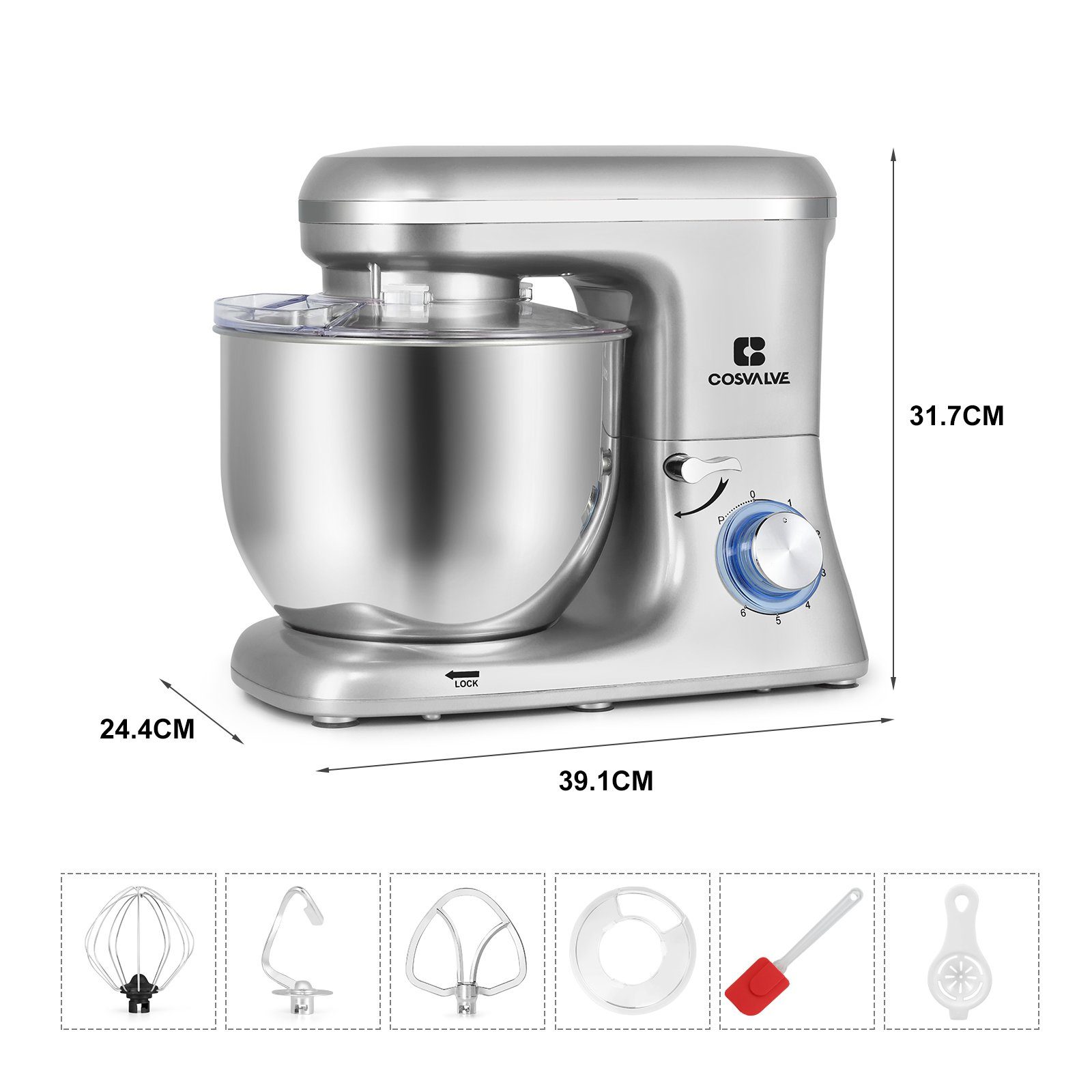 Powerwill Küchenmaschine 1400,00 mit Silber Schneebesen, Rührbesen und 7L Knetmaschine Knethaken W, Schüssel, mit Multifunktions-Küchenmaschine
