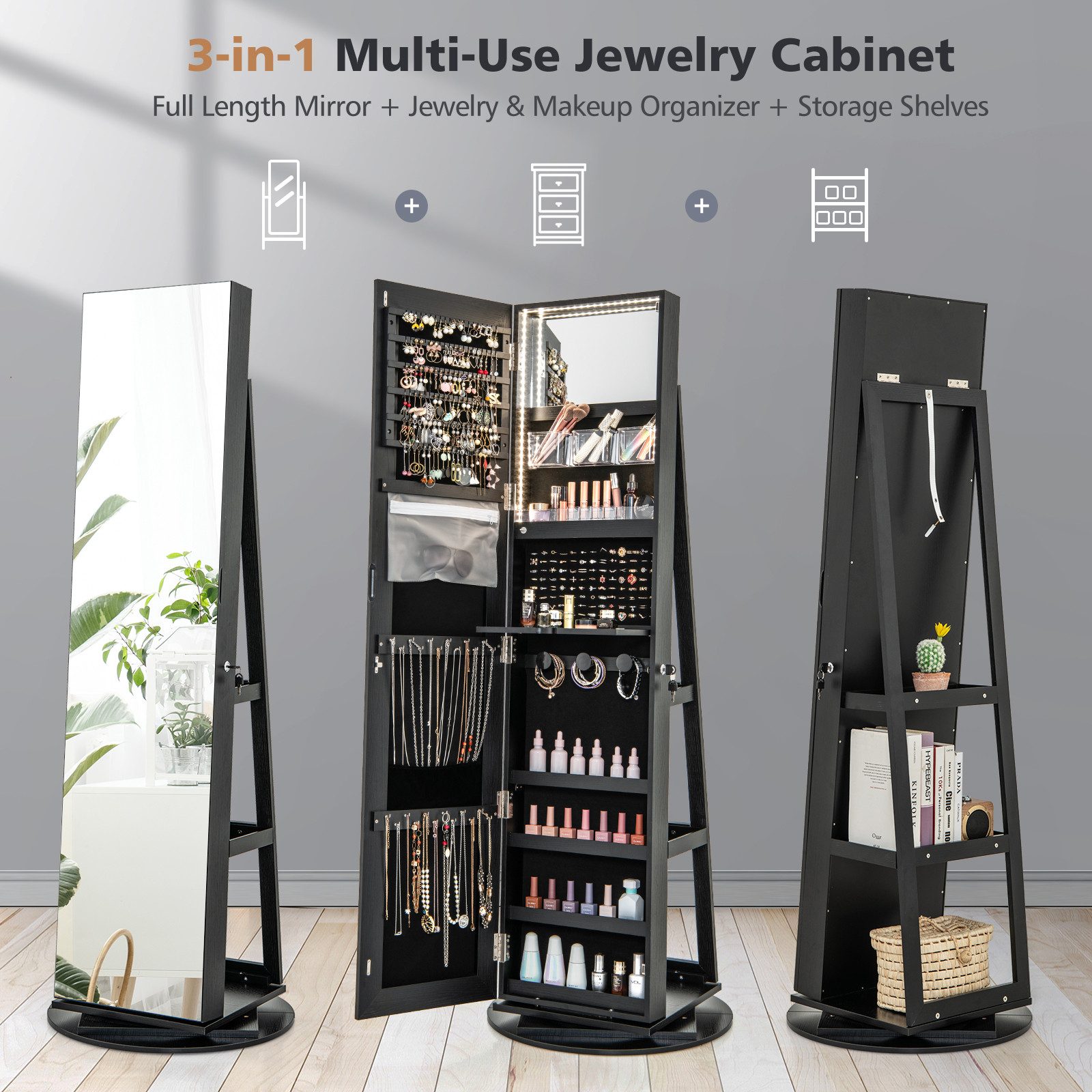 COSTWAY Schmuckschrank mit Ganzkörperspiegel & LED stehend, drehbar, abschließbar