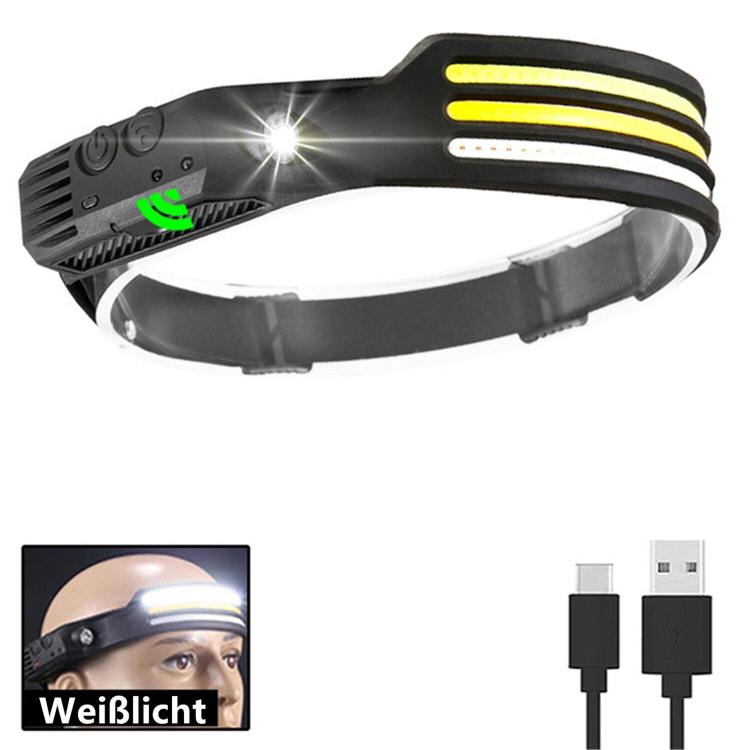 Olotos Stirnlampe LED COB XPE COB 1-3 Kopflampe Weisslicht 5 COB - Gelb Wasserdicht Licht Scheinwerfer Wiederaufladbar Weitwinkel Modi mit Sensor, 230°Ultra IPX4 Rot 3 USB