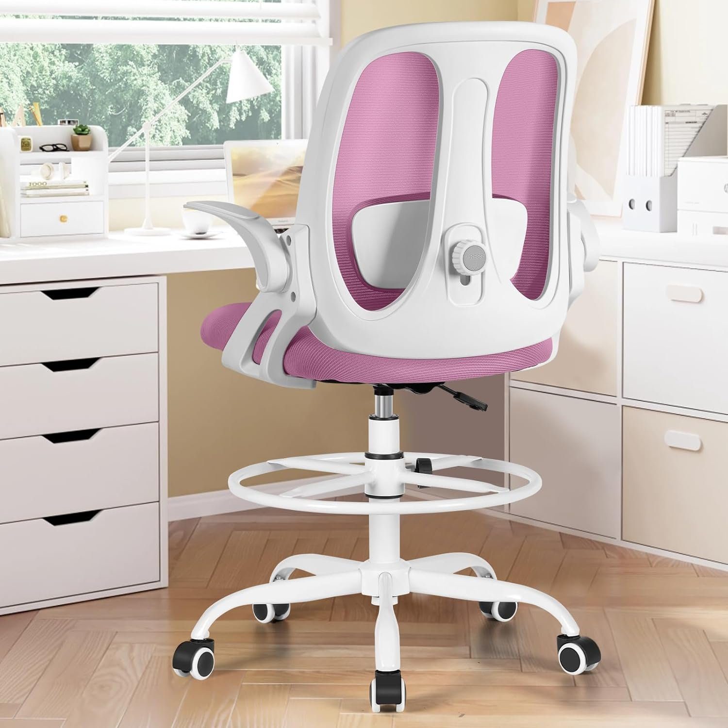 Razzor Bürostuhl (360° Drehstuhl mit Fußstütze, Hoher Arbeitsstuhl aus Netz für Executive-Arbeit), Büro,Schreibtischstuhl Ergonomisch Armlehnen,Atmungsaktiv bis zu 110Kg