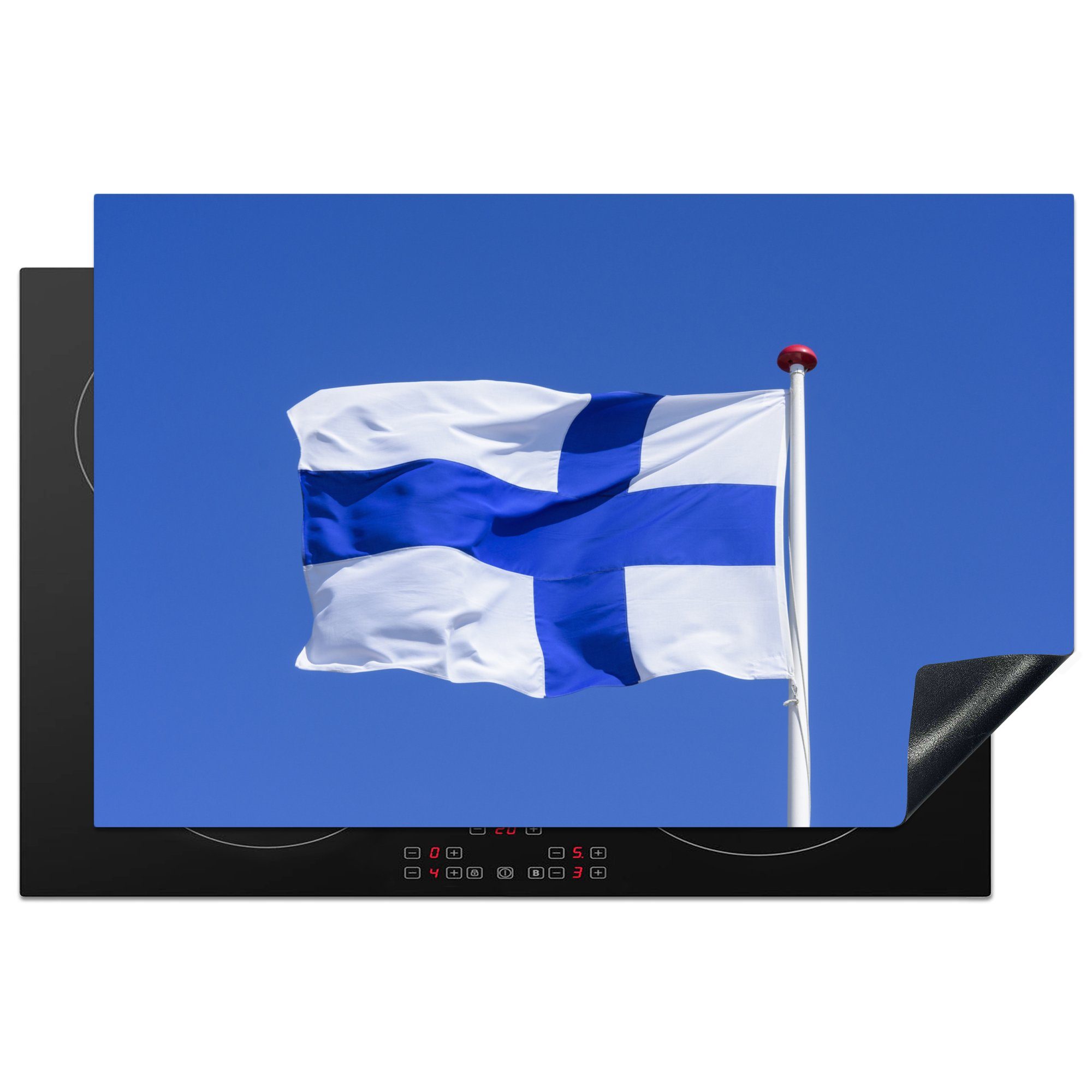 MuchoWow Herdblende-/Abdeckplatte Finnische Flagge am blauen Himmel, cm, (1 81x52 Ceranfeldabdeckung Vinyl, Induktionskochfeld tlg), Schutz für die küche