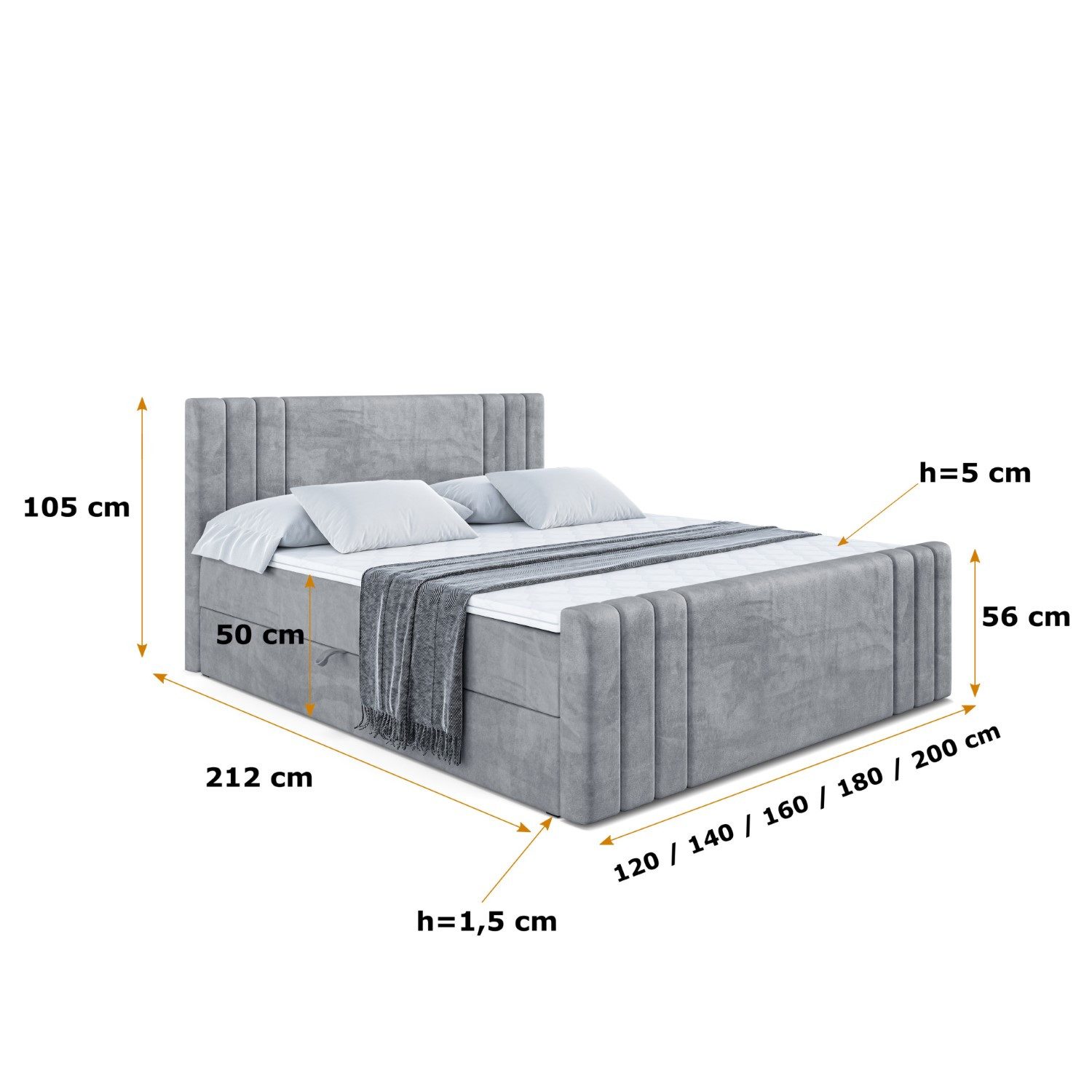 ALTDECOR Boxbett IDRIKO-Z (Multipocket-Matratze H4, H3 Matratze Bonellfederung, Topper, Kopfteil), Doppelbett mit Fußteil