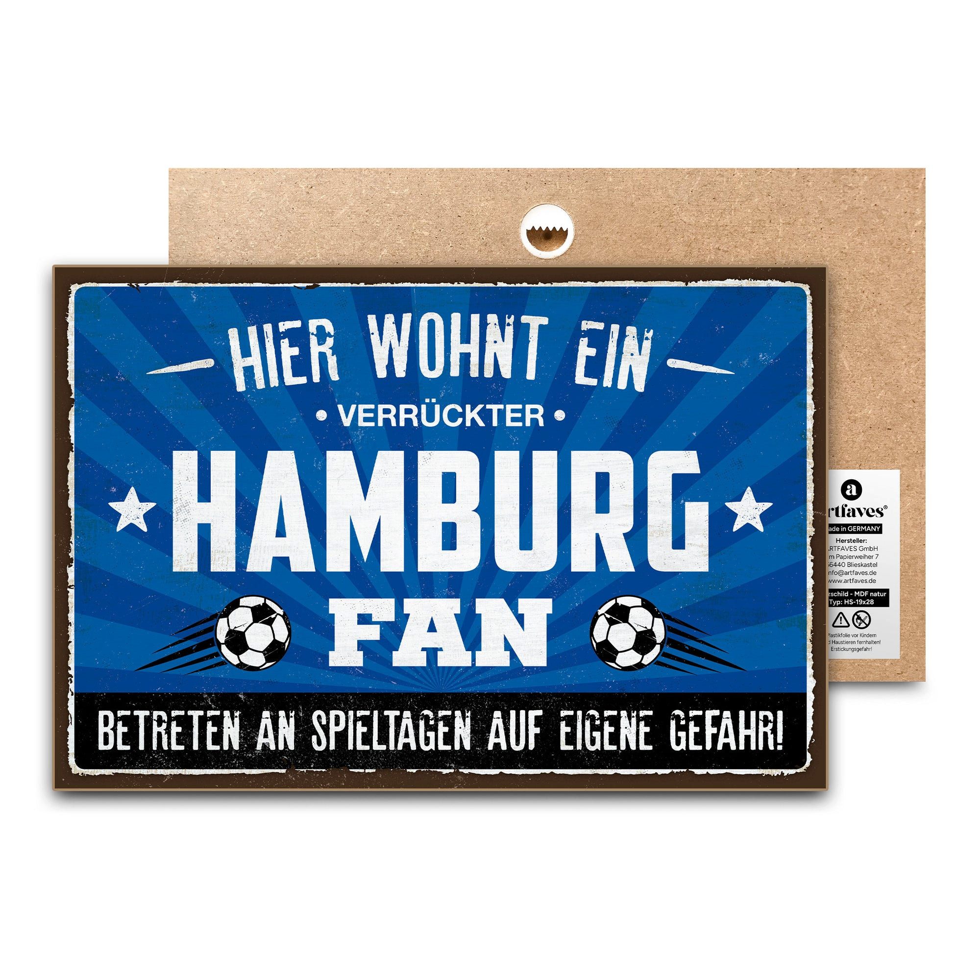 ARTFAVES Holzbild Schild mit Spruch - Hier wohnt ein verrückter HAMBURG Fan - Fussball