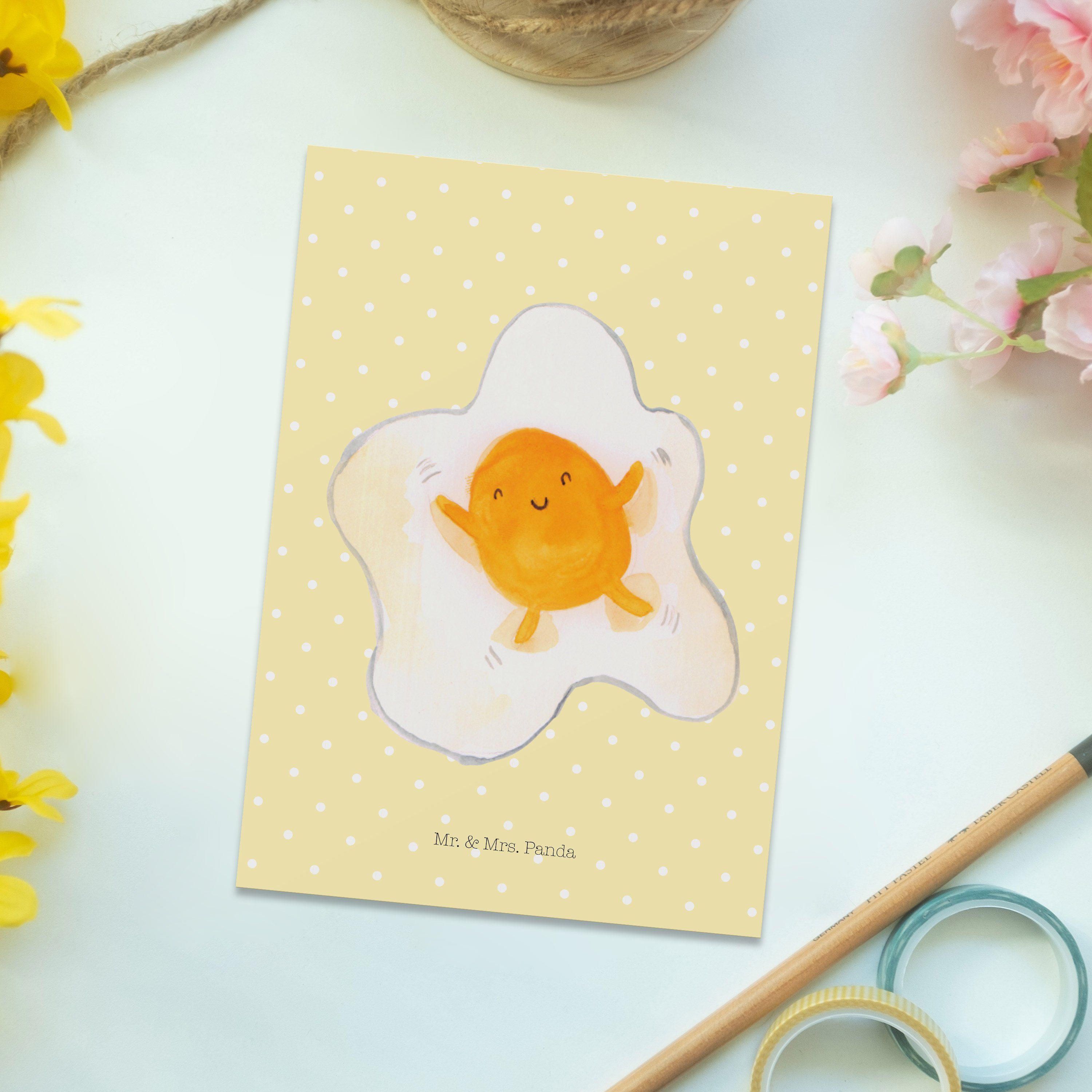 Mr. & Mrs. Panda Postkarte Spiegelei Gelb Geschenkkarte, Pastell Grußkarte, Liebe Geschenk, - 