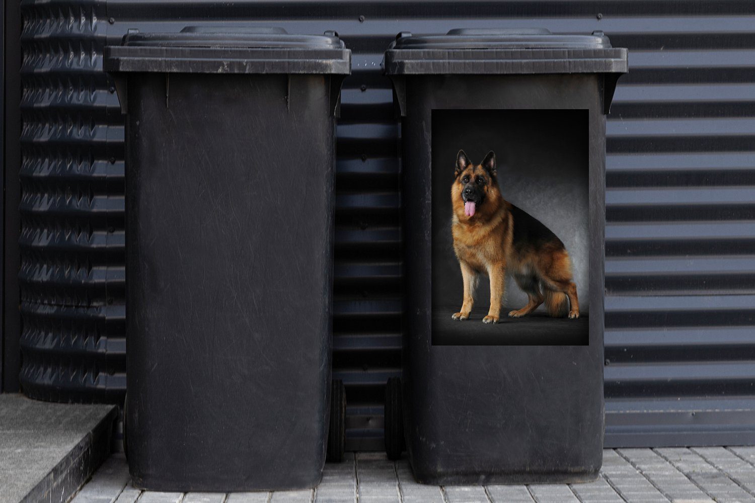(1 Abfalbehälter Porträt Deutschen Mülltonne, mit MuchoWow Mülleimer-aufkleber, Container, Schäferhundes schwarzem Hintergrund Wandsticker eines Sticker, St),