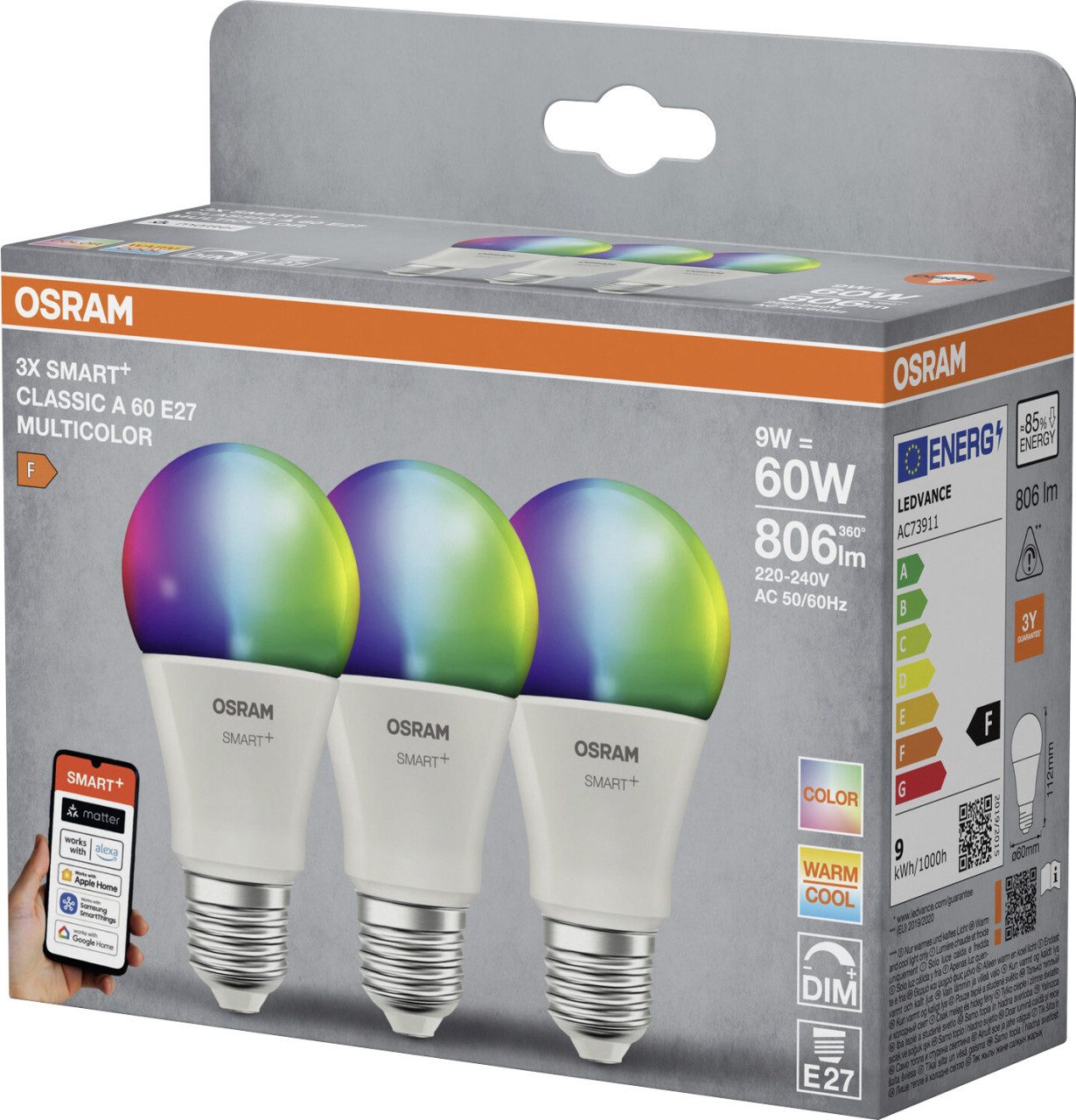 Osram LED-Leuchtmittel Osram SMART+ Matter Leuchtmittel E27 3er Pack, Dimmbar