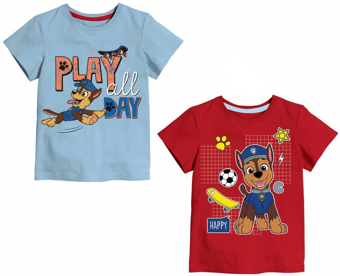 PAW PATROL Print-Shirt 2X Paw Patrol T-Shirts Rot + Hellblau Jungen 92 98/104 110/116 122/128