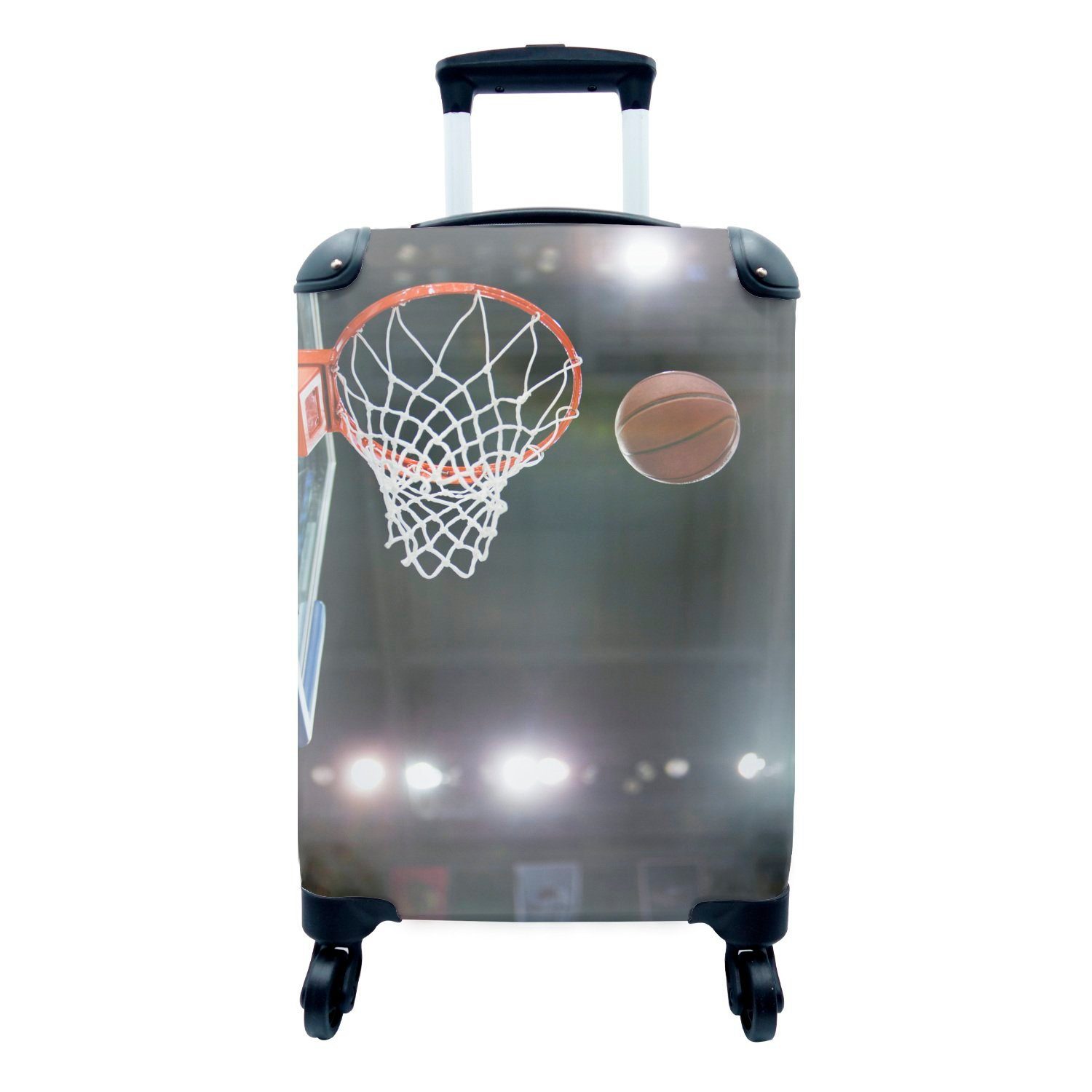 MuchoWow Handgepäckkoffer Der Basketball geht in Richtung Korb, 4 Rollen, Reisetasche mit rollen, Handgepäck für Ferien, Trolley, Reisekoffer