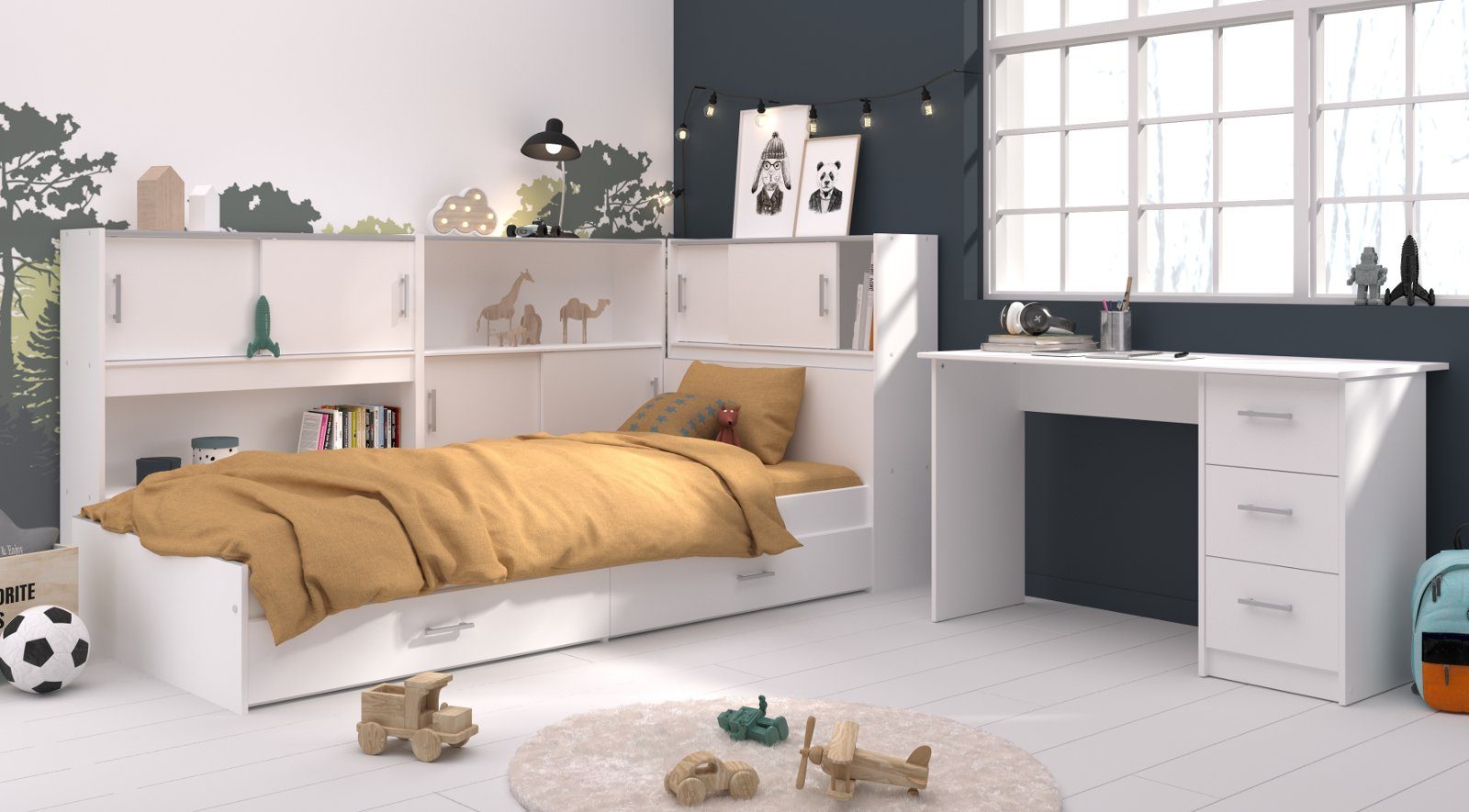 Parisot Jugendzimmer-Set Snoop, (Stauraum-Bett 90x200 cm und Schreibtisch),  inklusive 3 Regalschränken