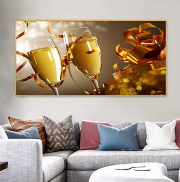 TPFLiving Kunstdruck (OHNE RAHMEN) Poster - Leinwand - Wandbild, Champagner- und Weingläser - (Weiswein, Rotwein), Farben: Rot, Gelb, Gold, Grau - Größe: 20x40cm