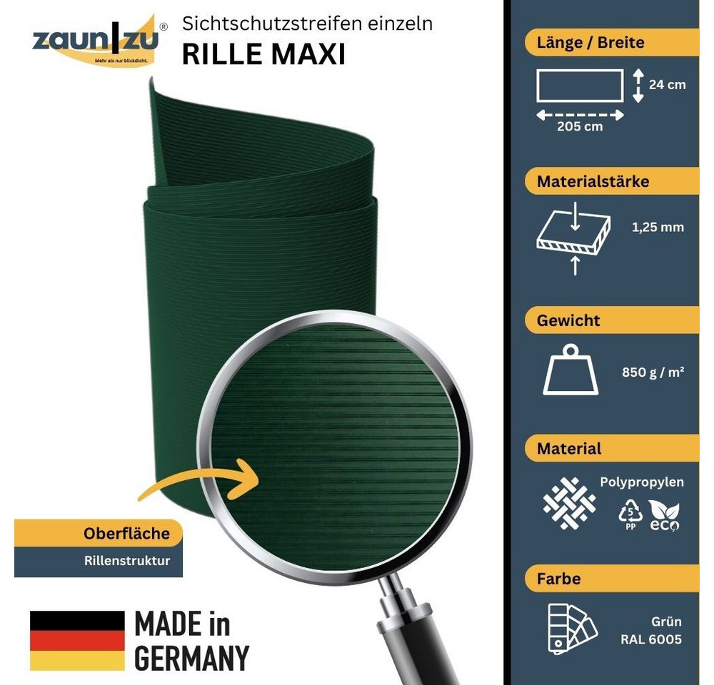 Thumbnail - zaunzu Sichtschutzstreifen Rille Maxi Einzelstreifen Sichtschutz 24cm hoch Grün 2,05m, (1x Einzelstreifen, 24cm hoch), 5...