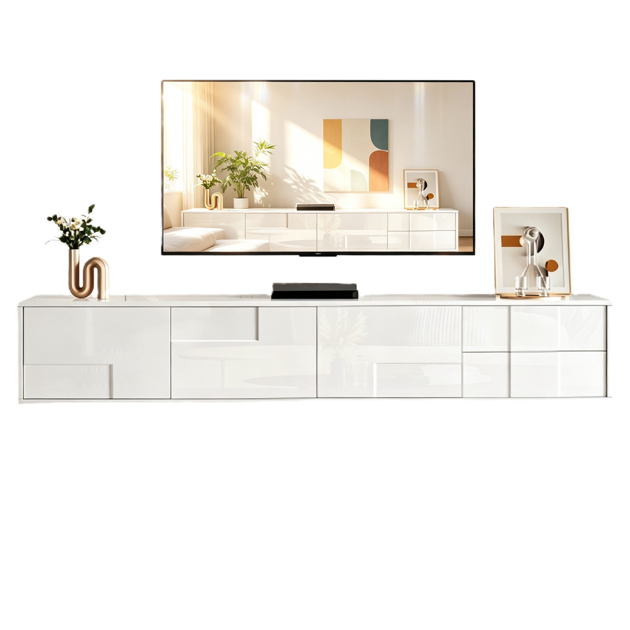 muvano TV-Schrank TV-Lowboard modern 170 cm Hochglanz schwebend grifflos schwebend/stehend, 3 Türen & 2 Schubladen, viel Stauraum