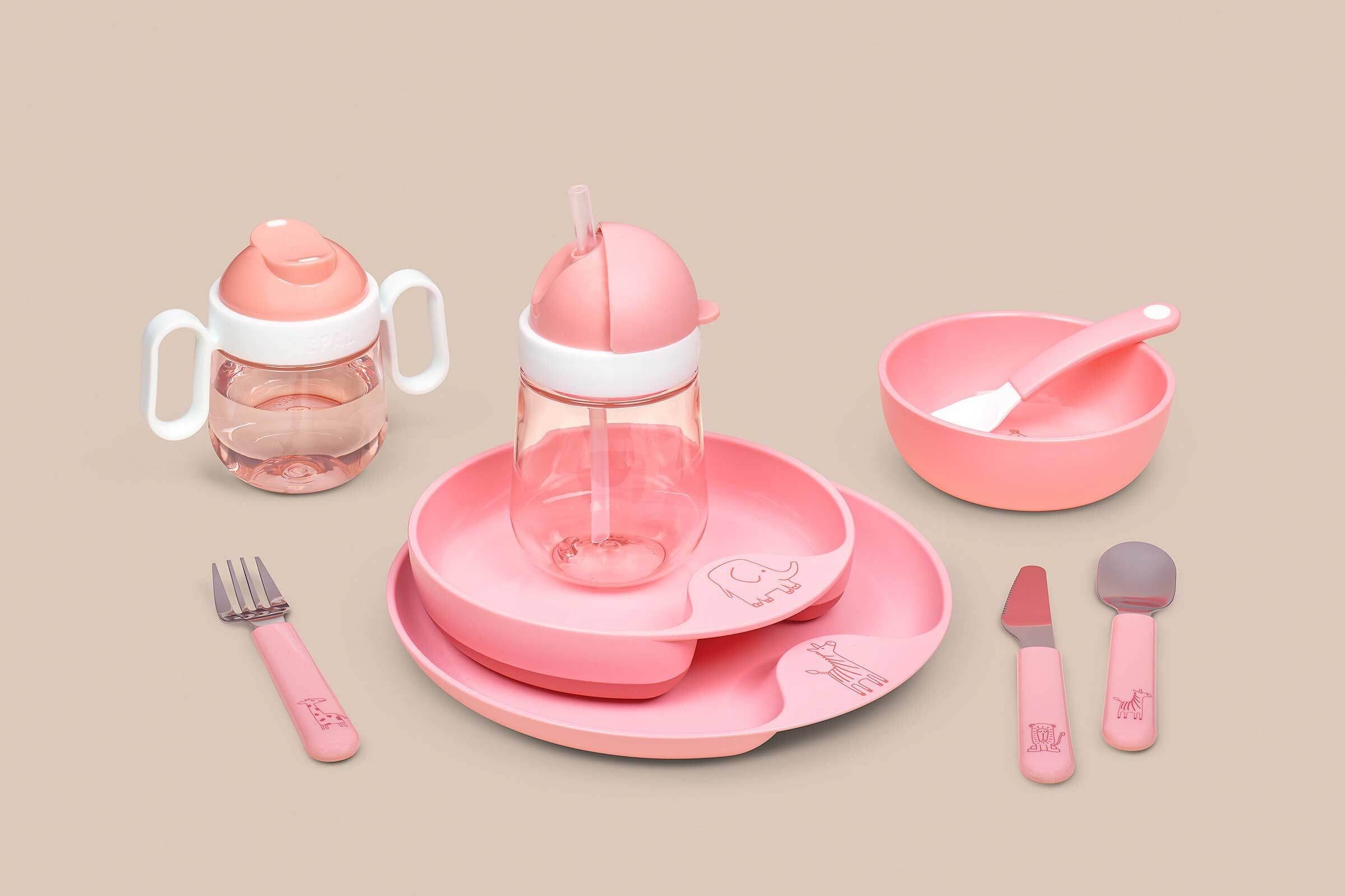 pink Mio Set, Kinderschale Kunststoff, 3er Schale, Kinderschale 3-tlg) (1x mit Fütterlöffel 2x Löffel, deep Mepal