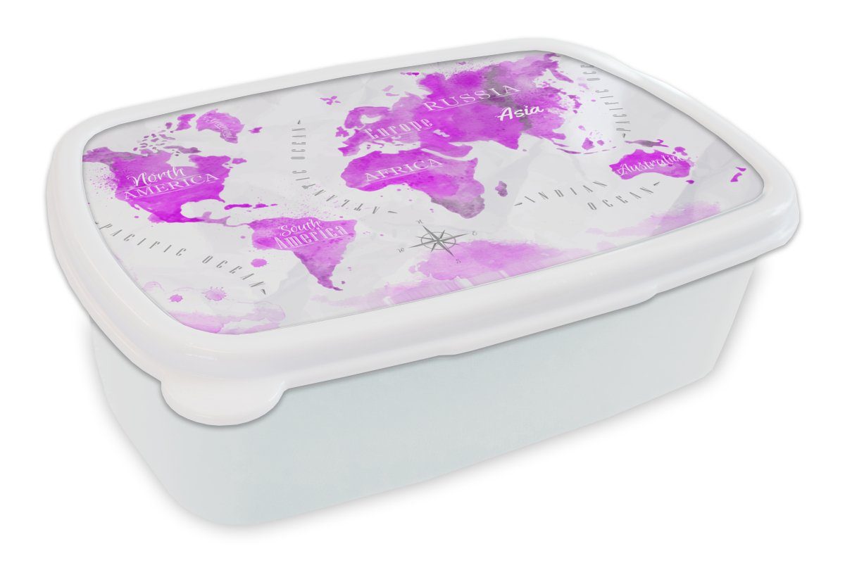 MuchoWow Lunchbox Weltkarte - Rosa - Ölfarbe, Kunststoff, (2-tlg), Brotbox für Kinder und Erwachsene, Brotdose, für Jungs und Mädchen weiß