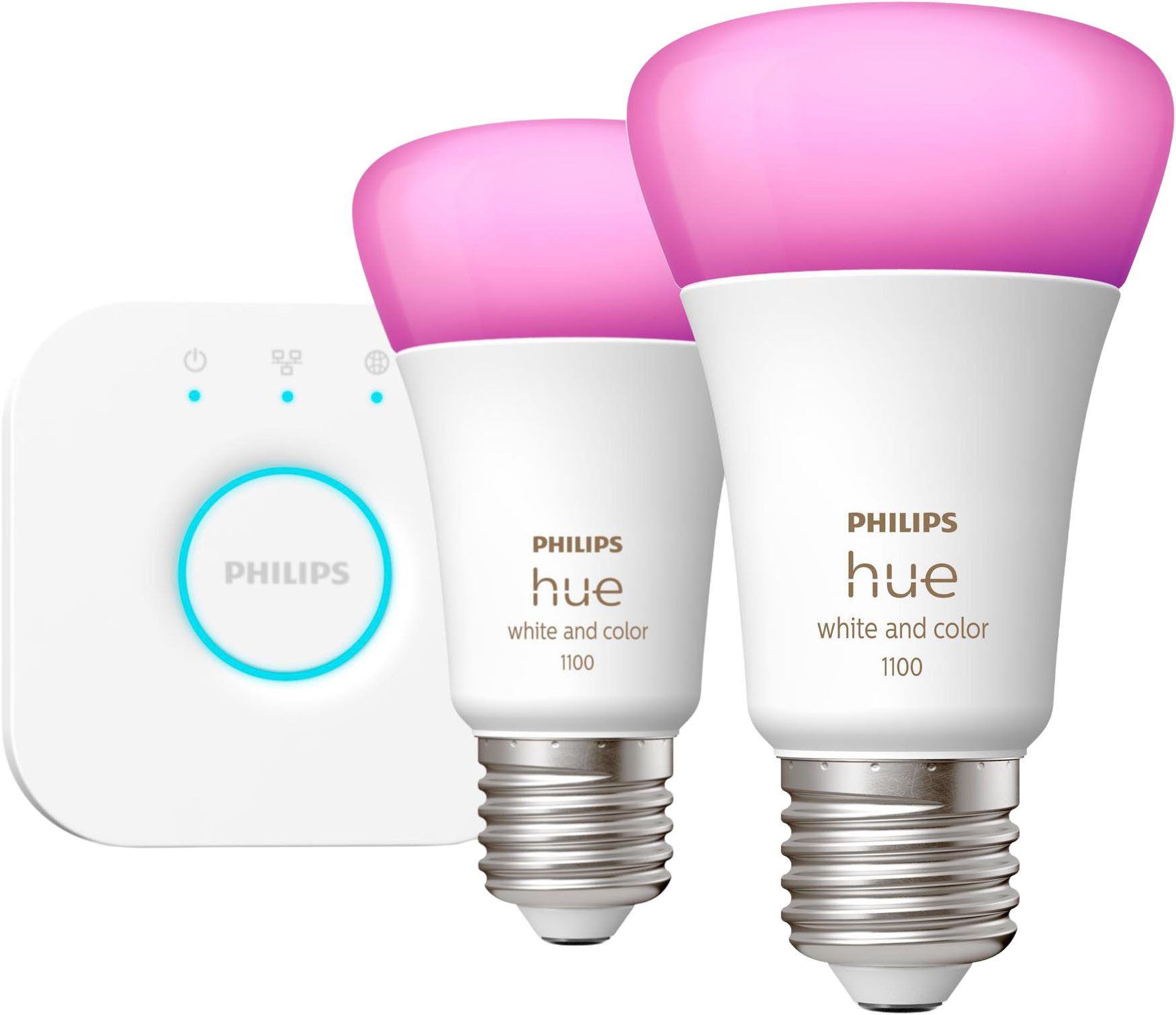 Philips Hue LED-Leuchtmittel Starter Kit 2x White and Color Ambiance 1100lm, E27, 3 St., Farbwechsler, inkl. Bridge