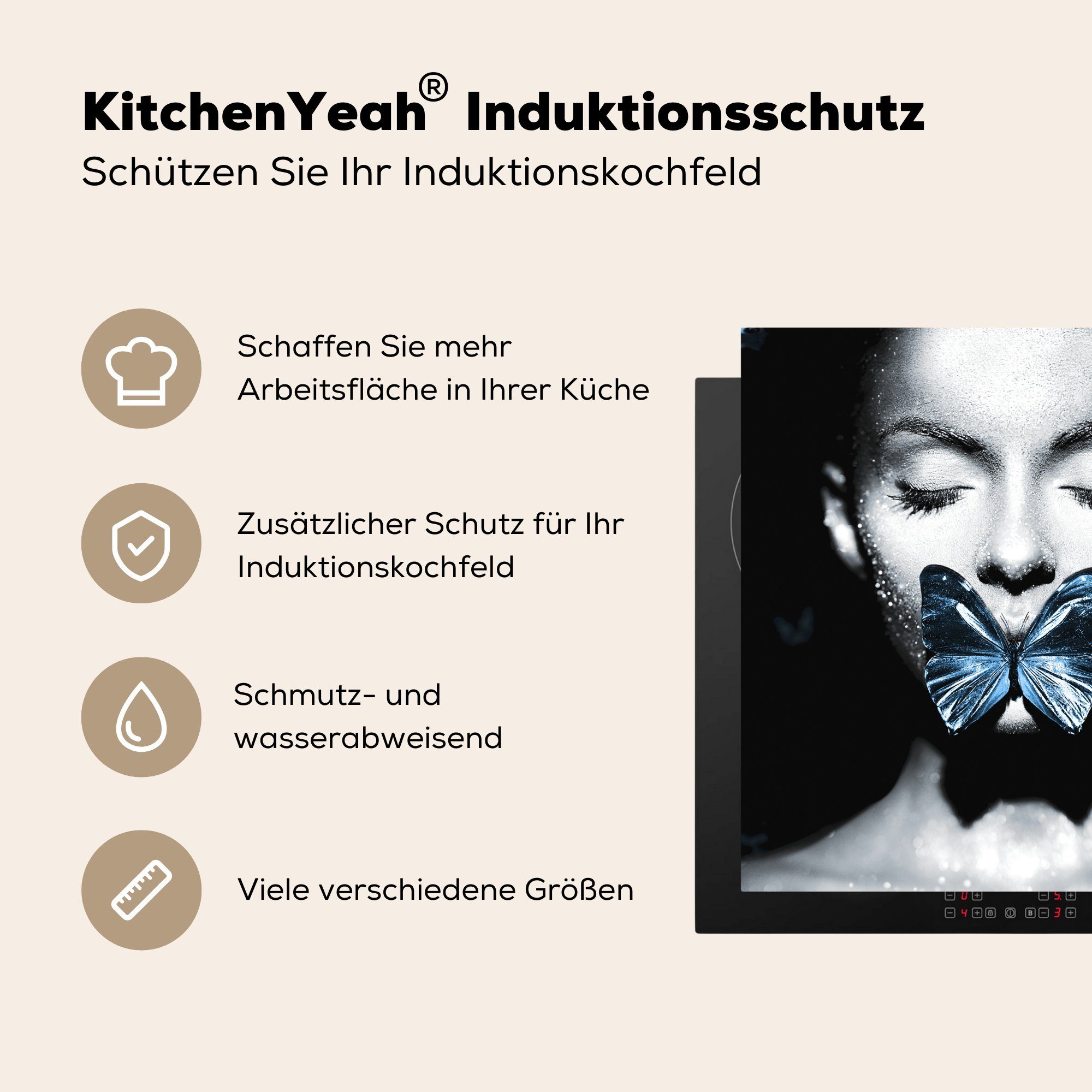 tlg), cm, MuchoWow (1 78x78 küche - Schwarz Schmetterling Herdblende-/Abdeckplatte Frau für Weiß, Ceranfeldabdeckung, Arbeitsplatte - Vinyl, -
