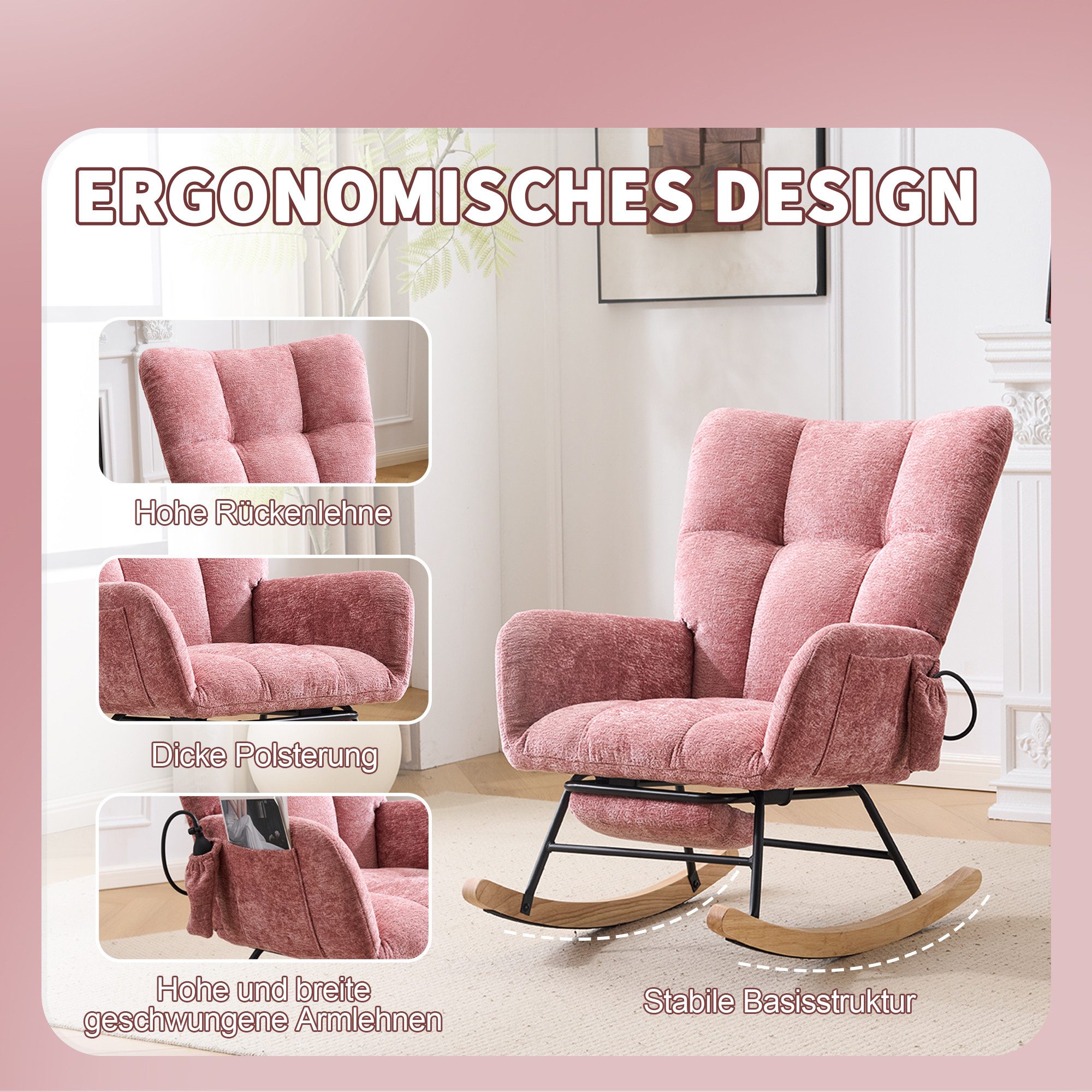 Vankel Schaukelstuhl Schaukelstuhl Wohnzimmer mit Fußstütze & Luftkissen-Rückenlehne, Chenille Relaxsessel mit Stauraum & Komfort Rückenlehne