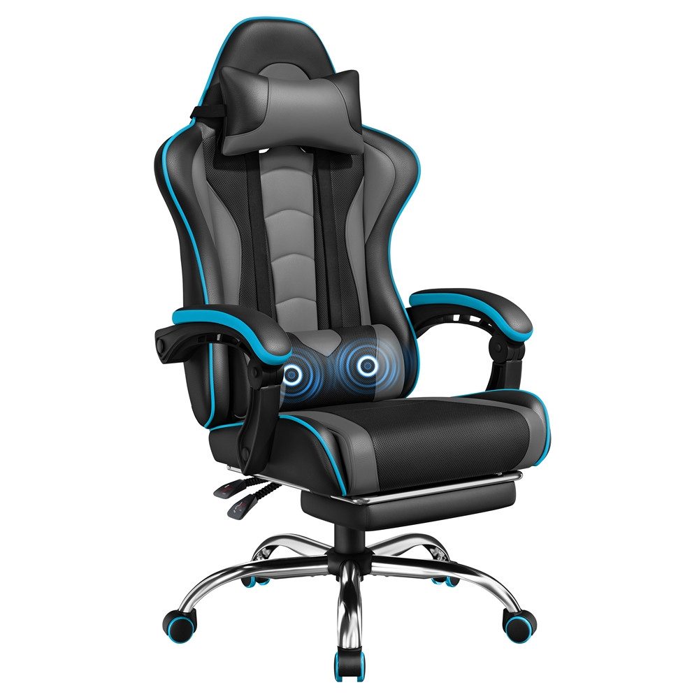Yaheetech Gaming-Stuhl mit Massagefunktion & Kopfstütze & Fußstütze Ergonomischer PC-Stuhl, Drehstuhl Computerstuhl Verstellbare Rückenlehne