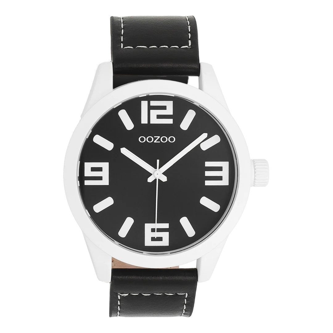 OOZOO Quarzuhr XXL Armbanduhr C0918 Schwarz Weiß Lederband 46 mm