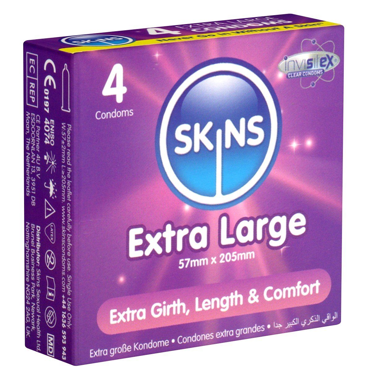 SKINS Condoms XXL-Kondome Extra Large, samtweiche Oberfläche, fühlt sich an wie "echt", Packung mit, 4 St., XXL Презервативы mit Vanille-Duft, durchsichtiges Latex (kristallklar), kein Latexgeruch