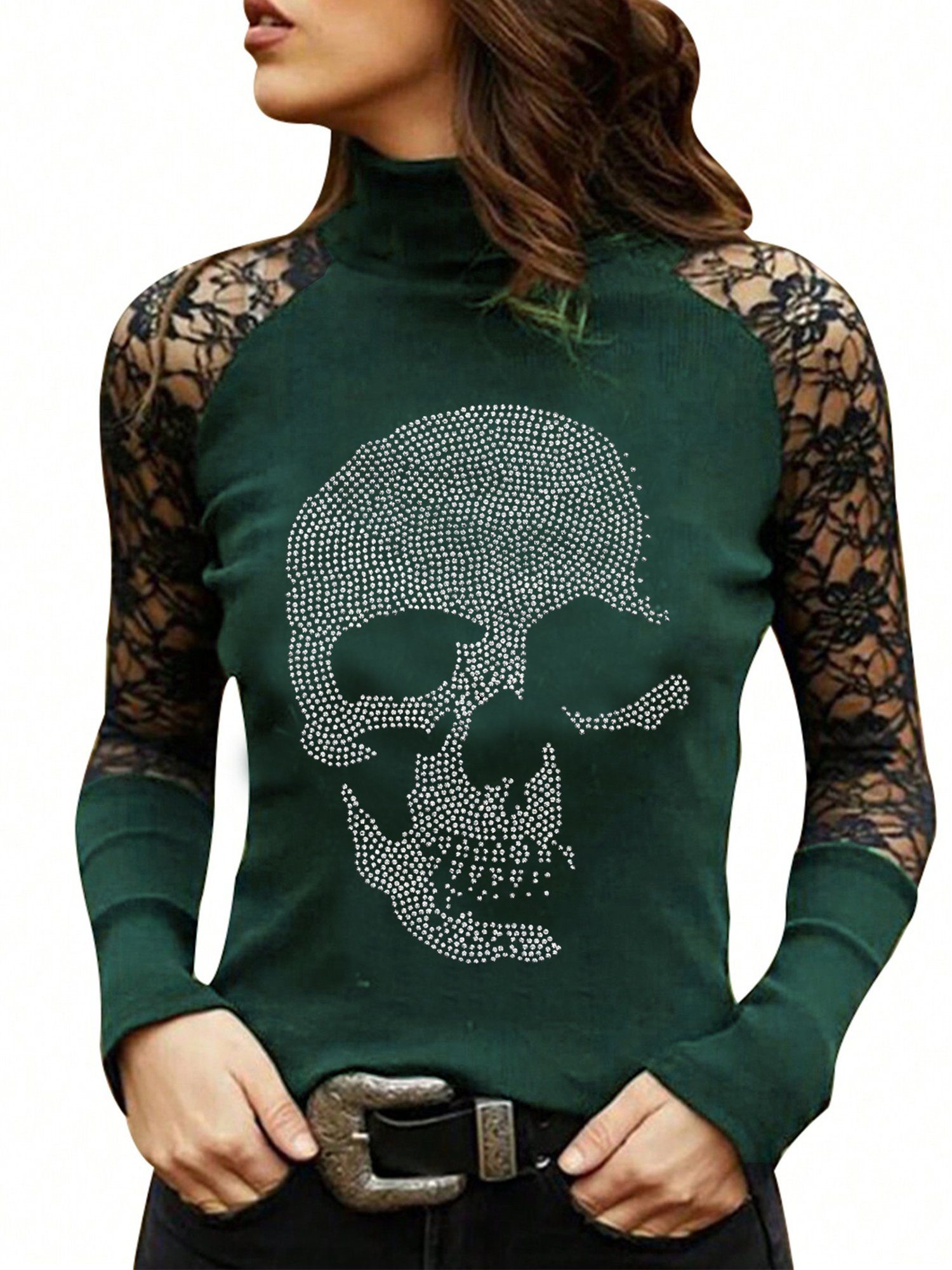 PYL Spitzenshirt Damen Langarm Halloween Spitzen mit Totenkopf Strass Rollkragenshirt 36-44 Größe