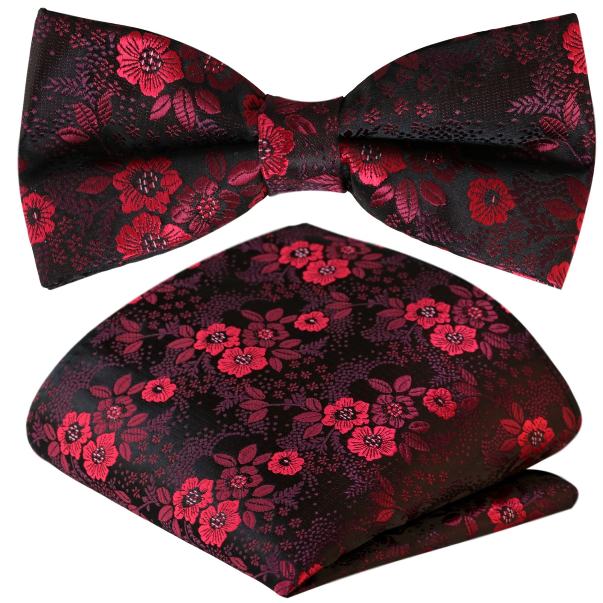 GASSANI Fliege Einstecktuch) Jacquard Herren-Fliege Hell-Rot Satin, (Set, Floral, mit Paisley Geblümt Tuch 2-St., Blutrot Schwarz Vor-Gebunden Bordeaux-Rot Bunt Weinrot Schleife Hochzeit Hochzeitsfliege Seide Blumen, Herrenschleife, Verstellbar, Festlich, Touch