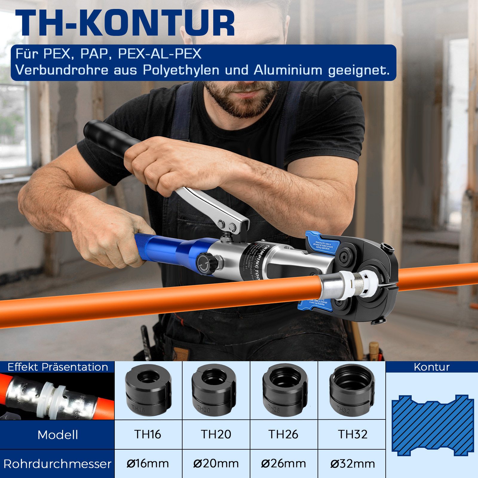 XERSEK Rohrzange 80kN Offenen-Krönbacken Presszange Hydraulische Rohrpresszange, Set 14-tlg., Presswerkzeug mit TH/V-Pressbacken und Rohrschneider, für Edelstahl, Kupfer, PEX & Verbundrohre, 12–32 mm