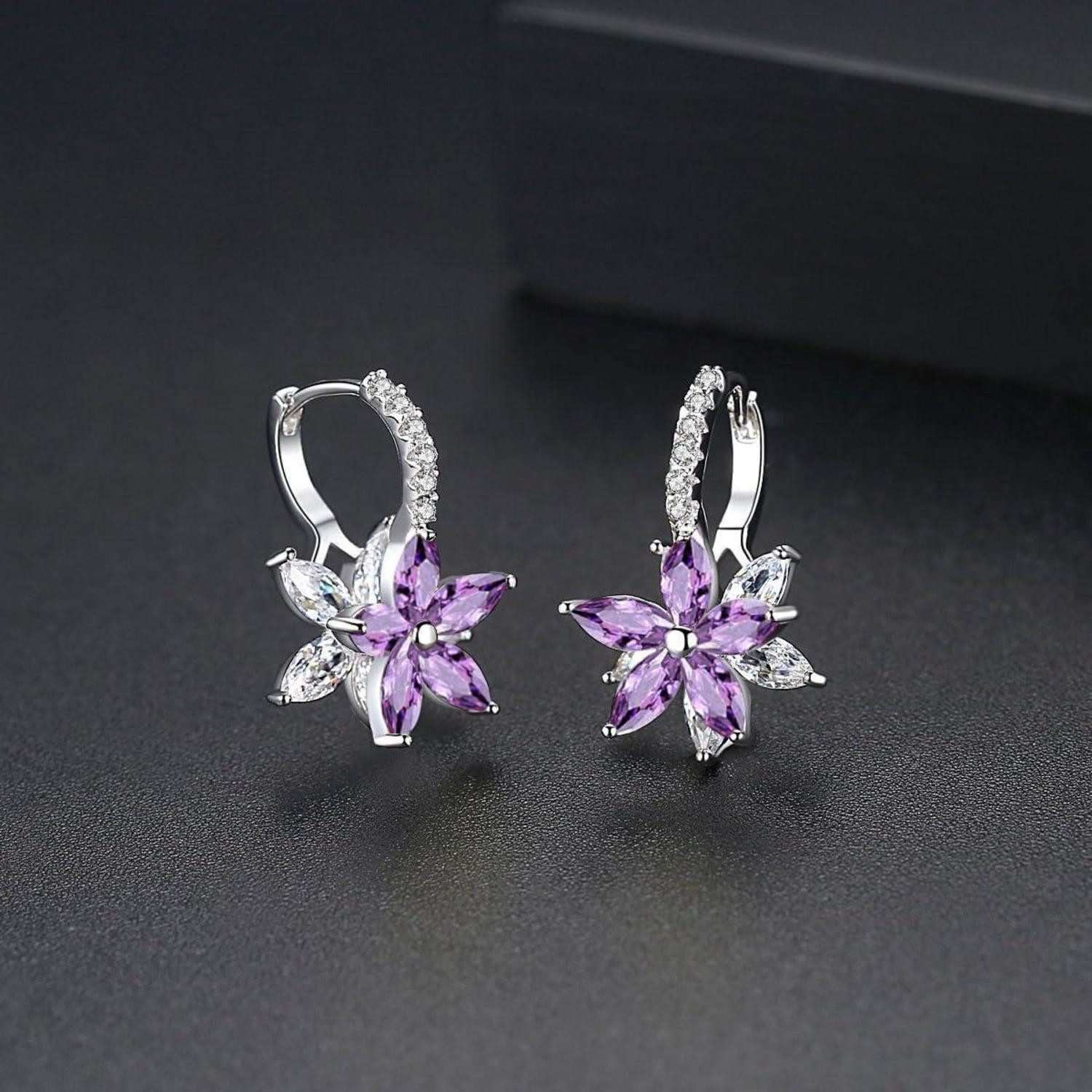 LuxusKollektion Klappcreolen Damen Creolen Ohrringe Silber Blumen Zirkonia Geschenkbox Lila