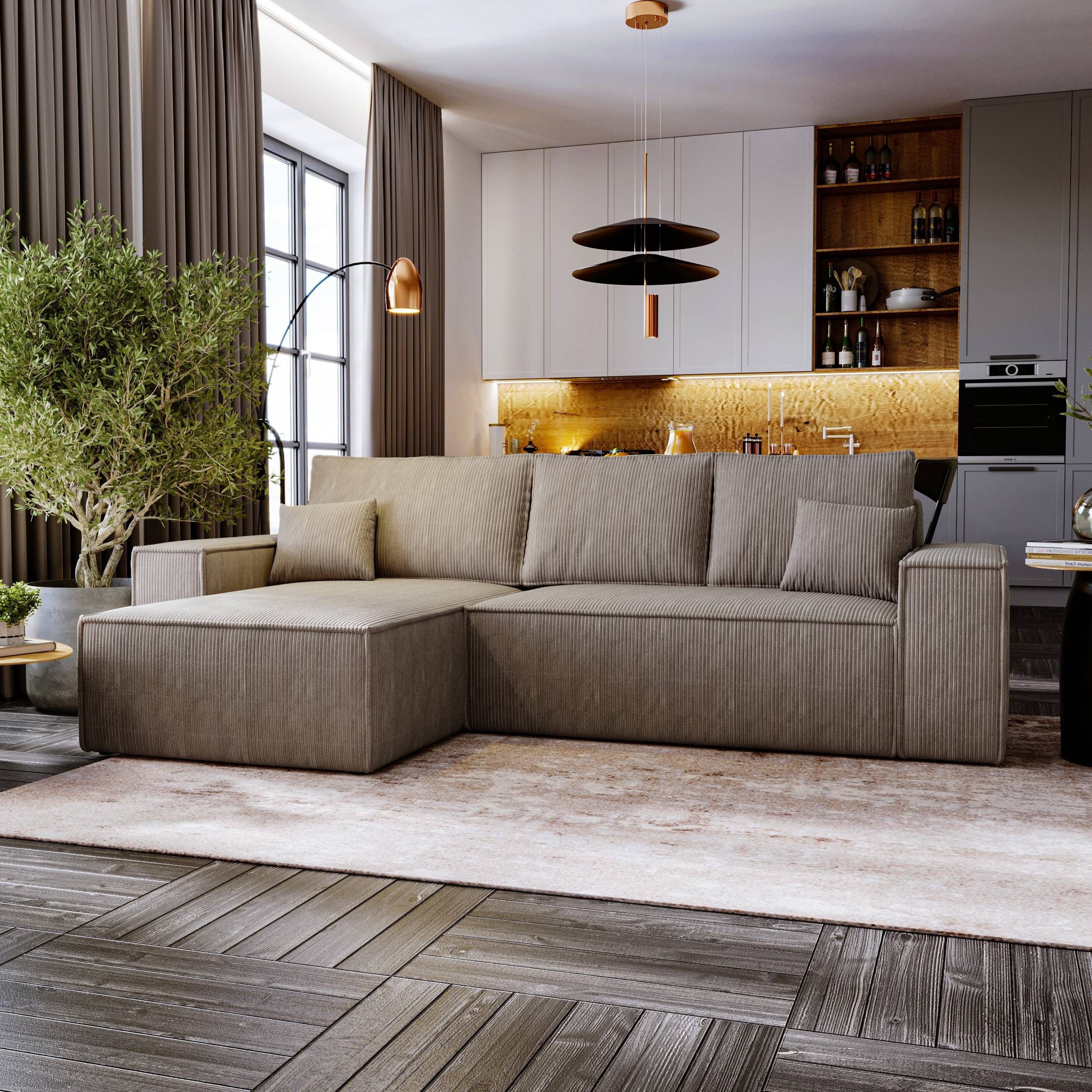 yourhouse24 Ecksofa Olimpia L, 279 cm, Cord, L-Form mit Schlaffunktion & Bettkasten, Modernes Ecksofa im angesagten Cord-Look