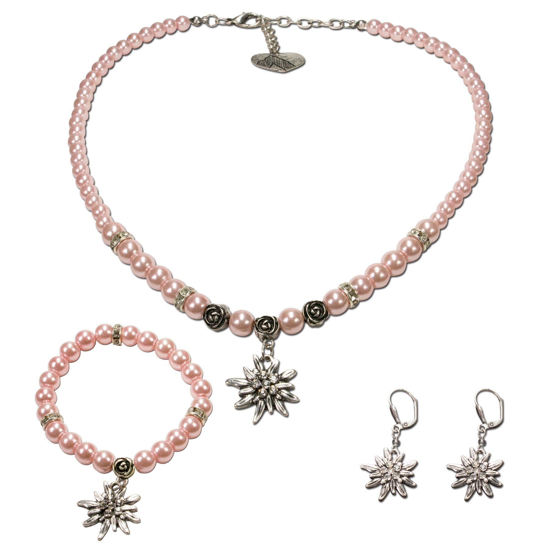Ketten-Set Trachtenschmuck-Set Perlen-Trachtenkette, Armband & Ohrhänger Strass-Edelweiß (rosa-ros)