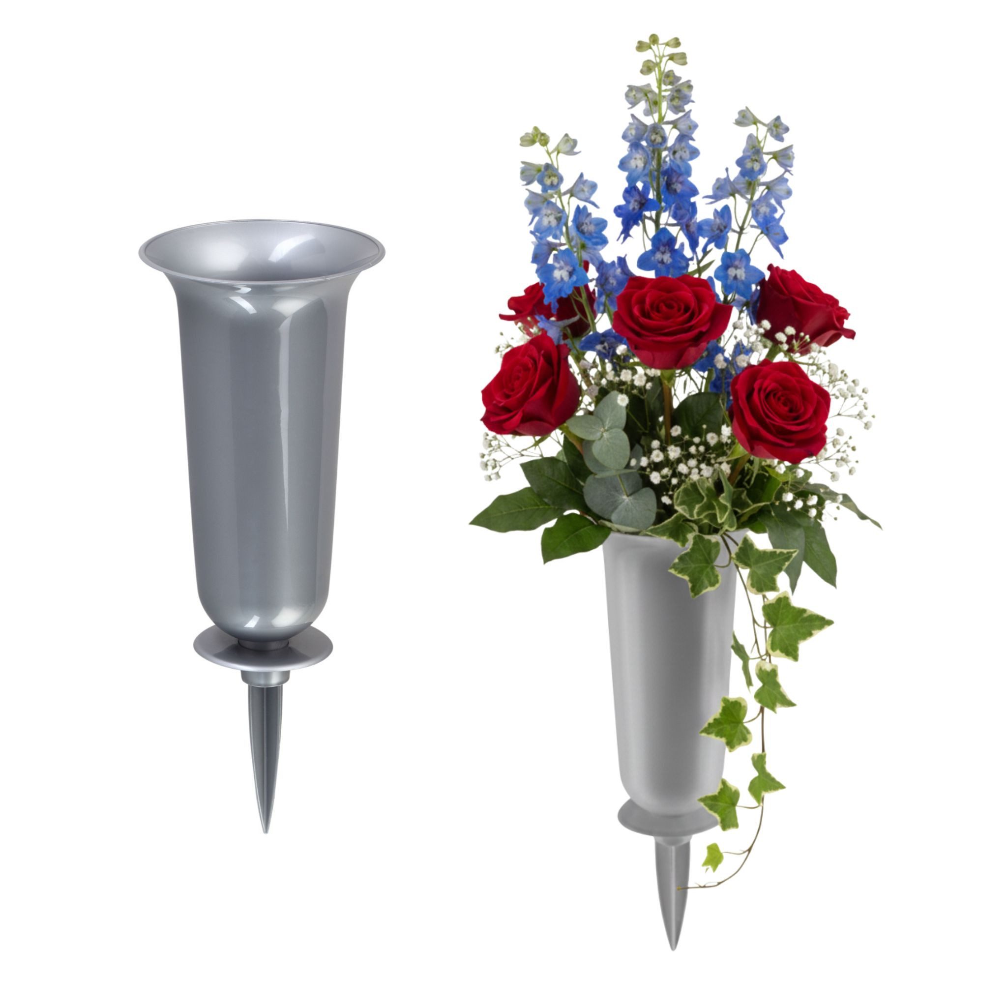 matches21 HOME & HOBBY Dekovase Grabvasen mit Erdspieß zum Stecken 2er Set 32 cm, silber (2 St), Wetterfeste Grabschmuck Kunststoff Friedhofsvasen