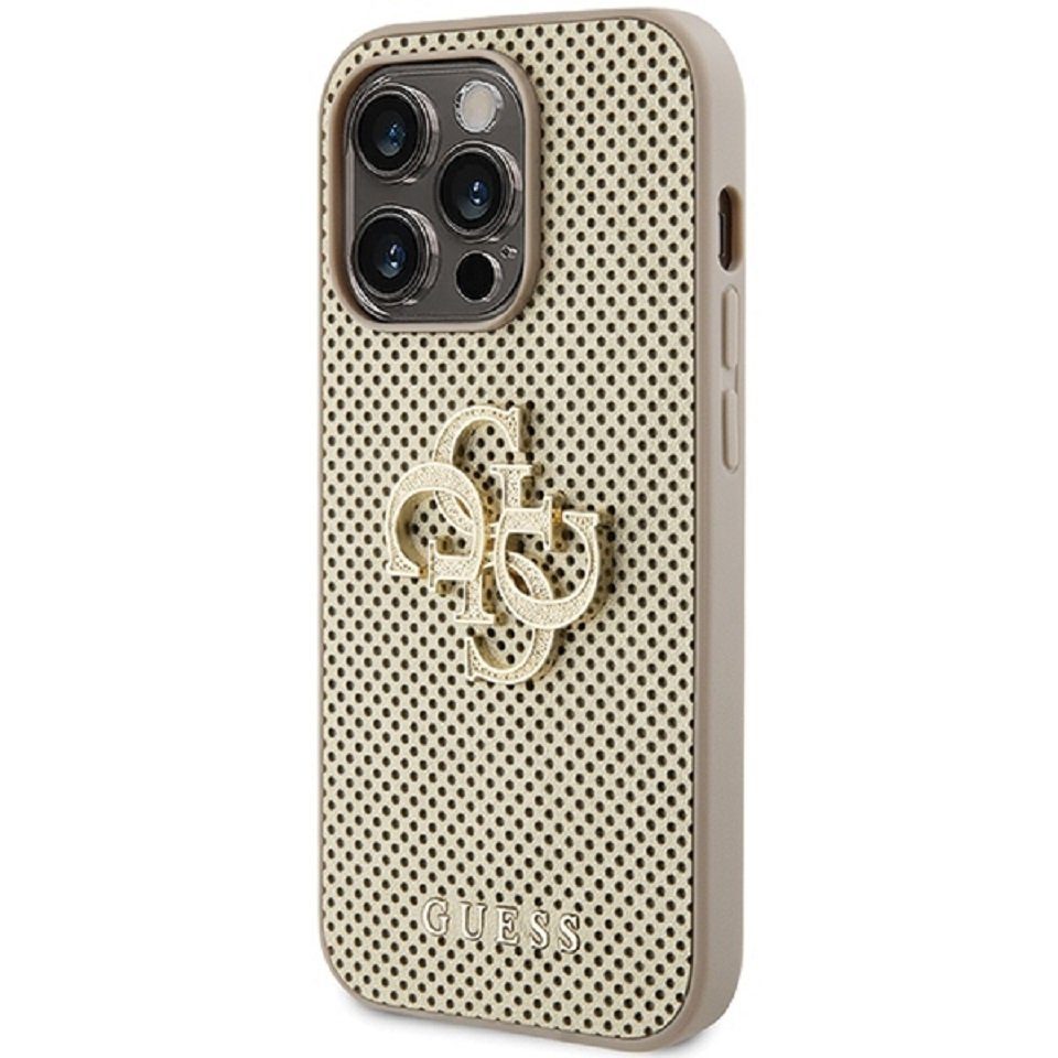 Guess Handyhülle Case iPhone 15 Pro Glitter Kunstleder goldfarben Metallogo 6,1 Zoll, Kantenschutz