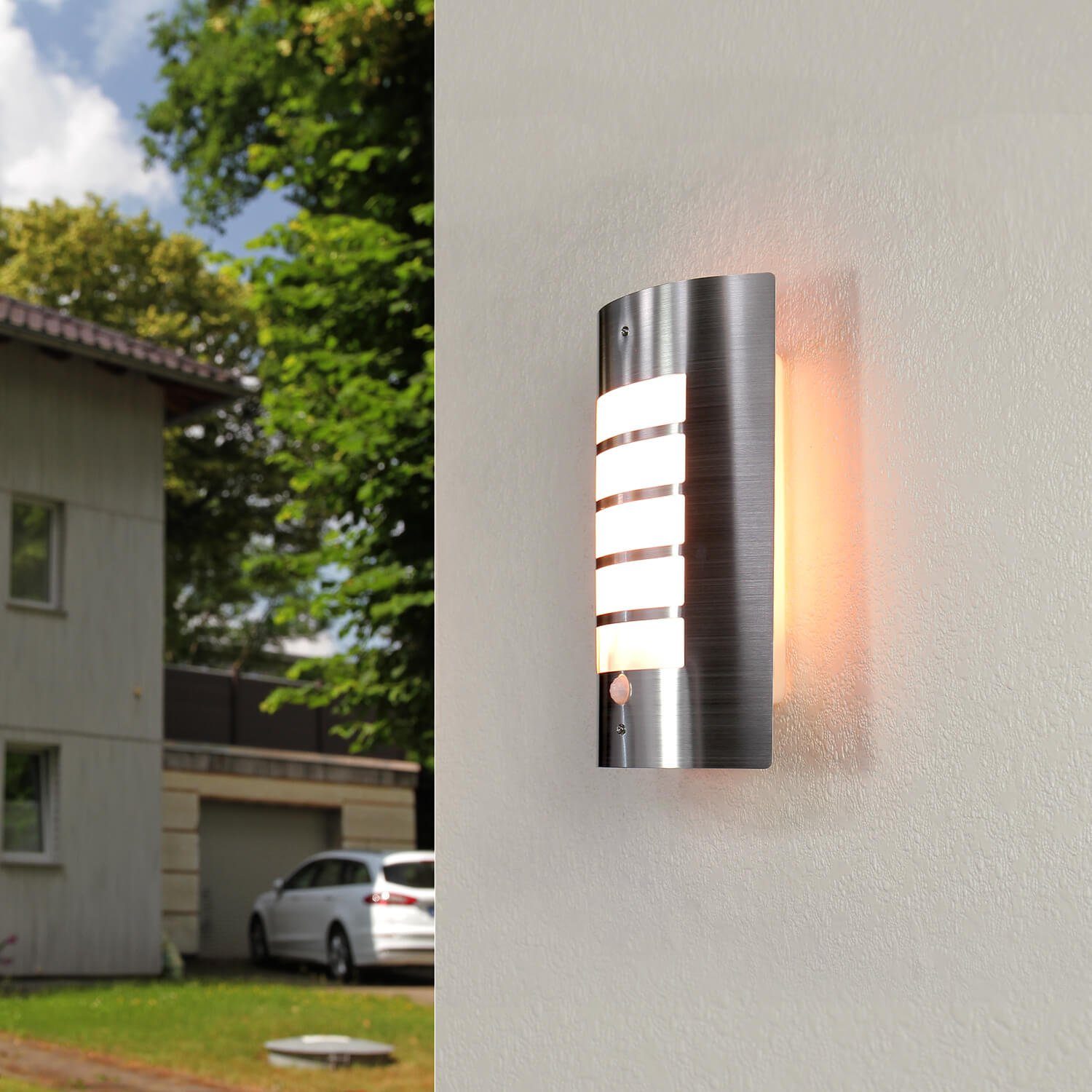 Licht-Erlebnisse Außen-Wandleuchte LYNMARK, ohne Leuchtmittel, Moderne Wandlampe mit Bewegungsmelder Edelstahl außen Eingang Tür