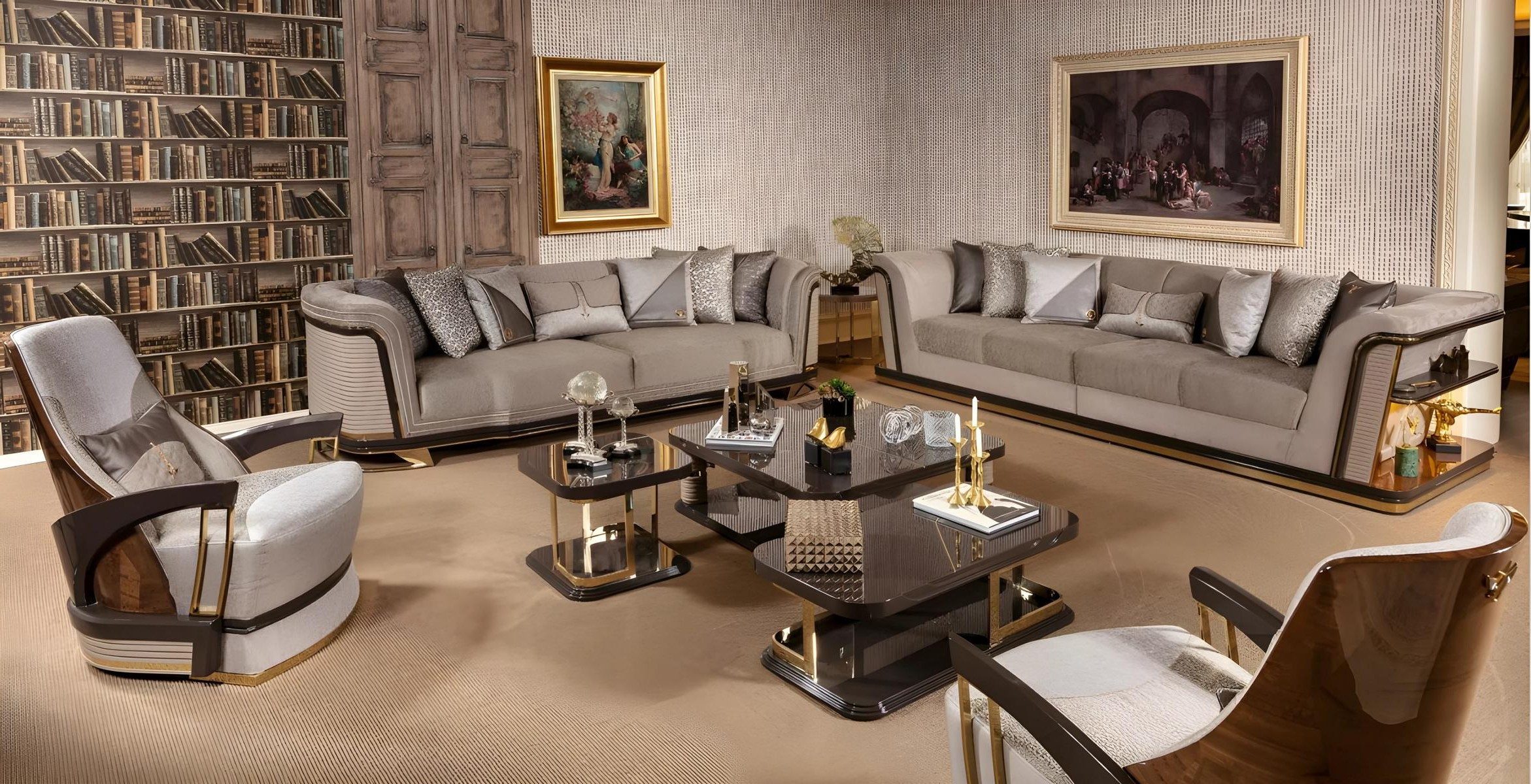 Xlmoebel Polstergarnitur Grau-beiges Sofa Set mit 3-Sitzer und elegantem Couchtisch, (5-tlg), Made in Europa