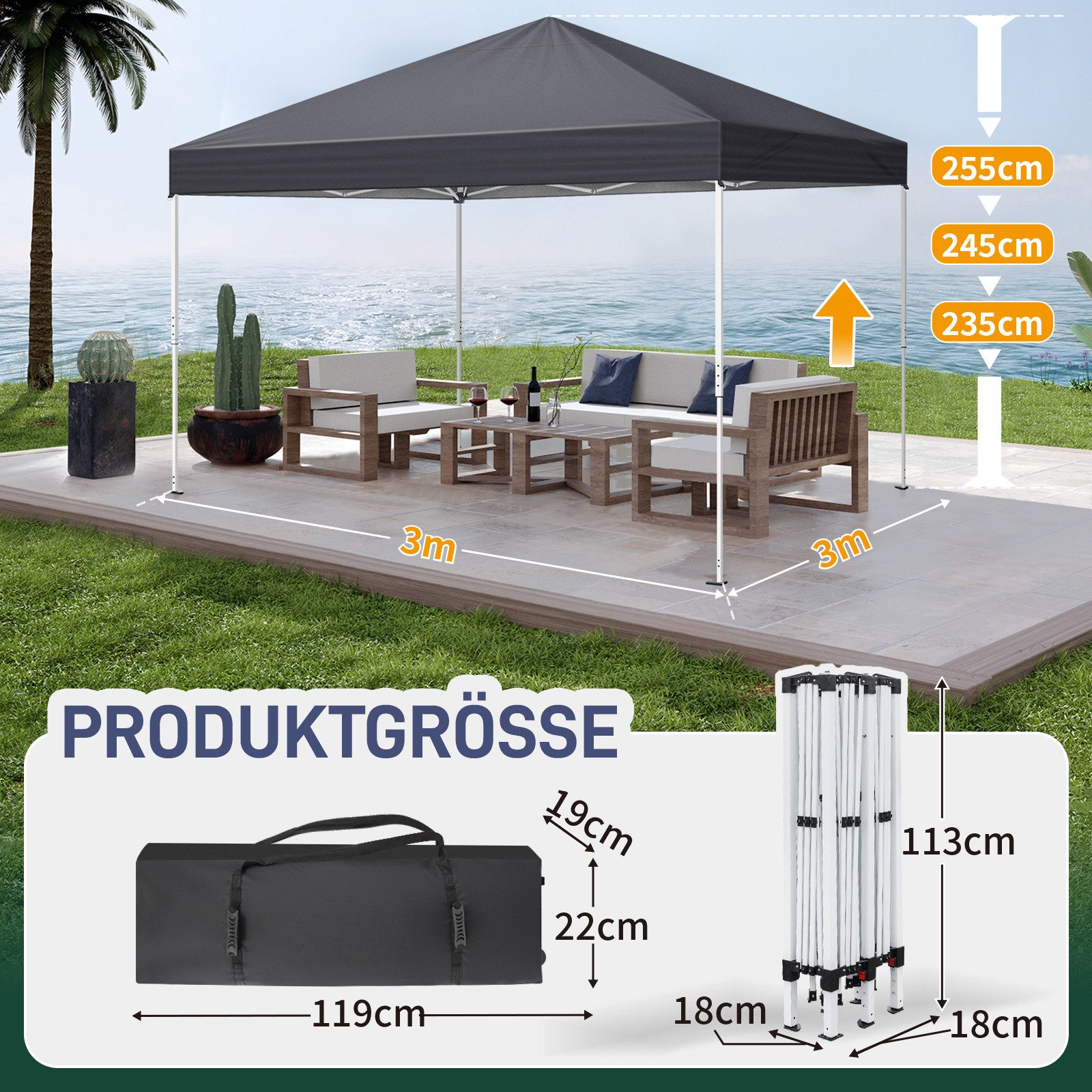 LEADZM Faltpavillon 3x3m mit 4 Netzseitenwänden, höhenverstellbar, UV-Schutz, Pop-Up Gartenpavillon 3×3m mit Moskitonetz, klappbarer inkl. Zubehör – Bild 5 von 5