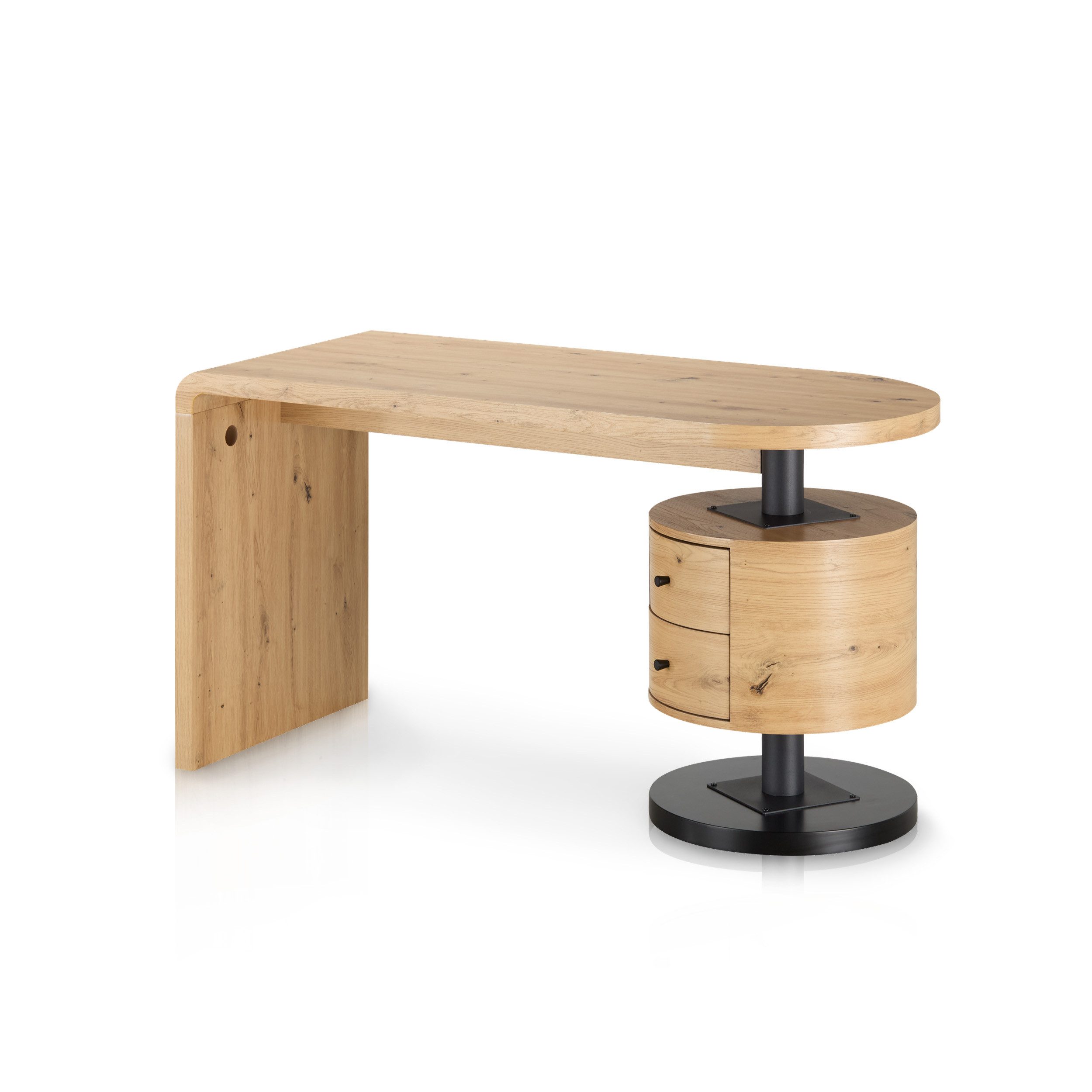 KHG Schreibtisch Eiche Nachbildung mit Schublade rund, Computertisch (Moderner Schreibtisch mit 2 Schubladen, runder Container, großzügige Arbeitsfläche, ideal fürs Homeoffice, 140x60 cm), runder Container