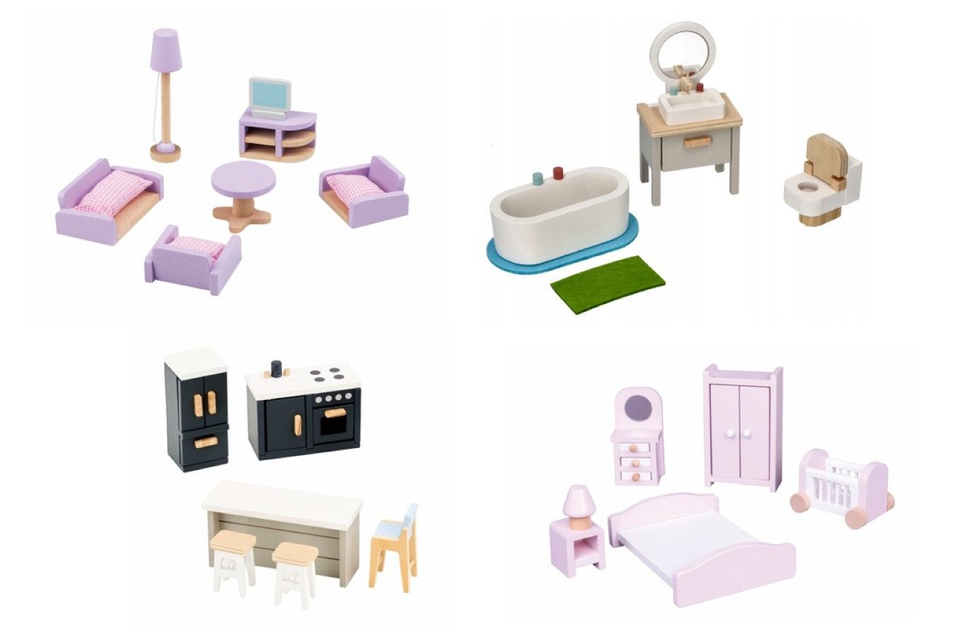 Lelin Puppenhausmöbel 24 teiliges Set - Holz - Puppenmöbel / Puppenhausmöbel, Großes Möbelset für kleine Puppen