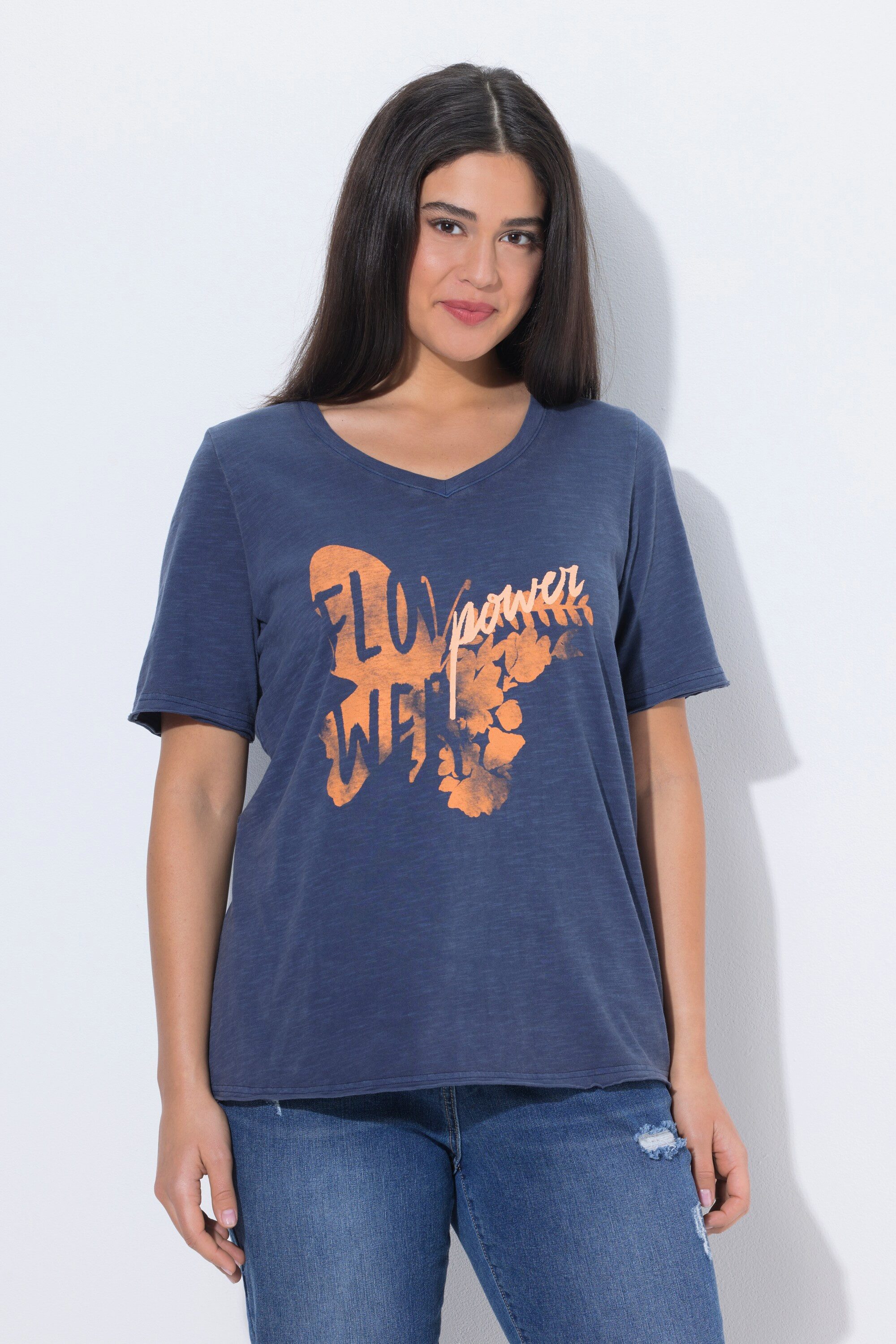 Ulla Popken T-Shirt T-Shirt Schmetterling Classic V-Ausschnitt Halbarm günstig online kaufen