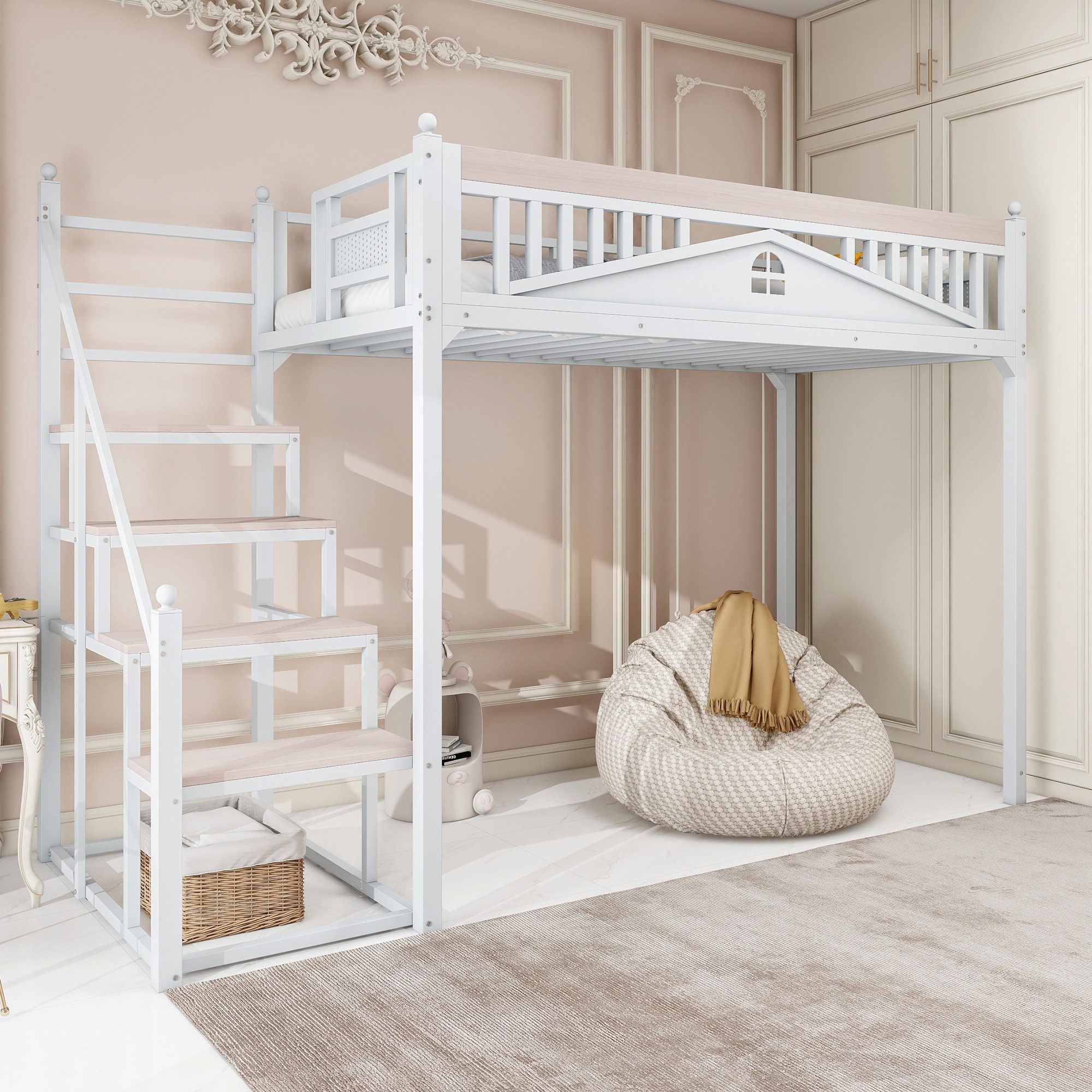OKWISH Hochbett Einzelbett,Jugendbett,Hochbett (Metall-Hochbett mit Flexibl günstig online kaufen