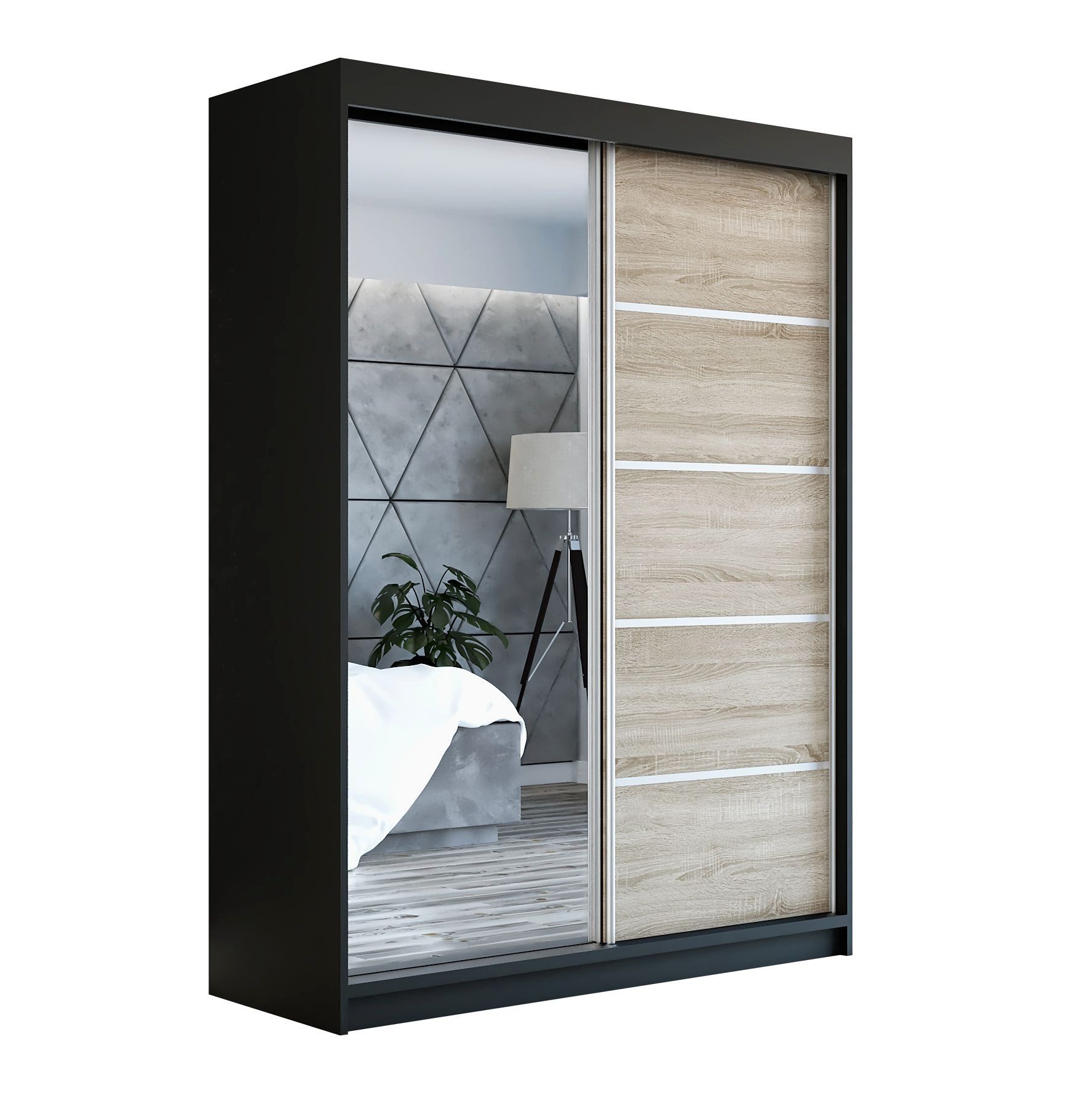 A&J MöbelLand GmbH Schiebetürenschrank GAP 160 cm mit Spiegel (nur für kurze Zeit! TOP ANGEBOT! Geräumiger Schrank mit viel Stauraum:6 Regalen und 1 Kleiderstange – -ideal zur Aufbewahrung von Kleidung und Accessoires. TOP PRODUKT! Farbe und Größe (120 cm