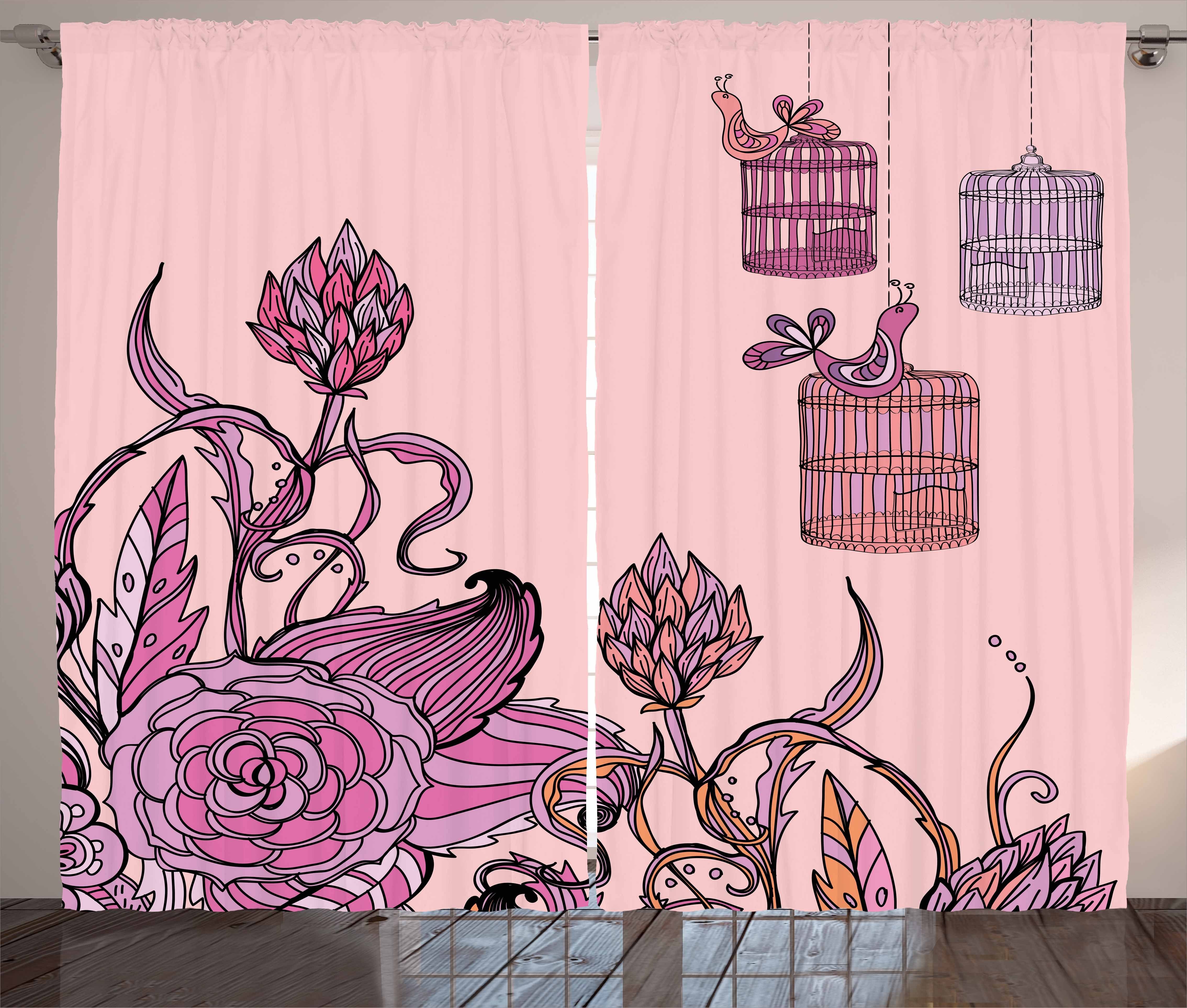 Gardine Schlafzimmer Kräuselband Vorhang mit Schlaufen und Haken, Abakuhaus, Orange und Rosa Vogelkäfig Flora