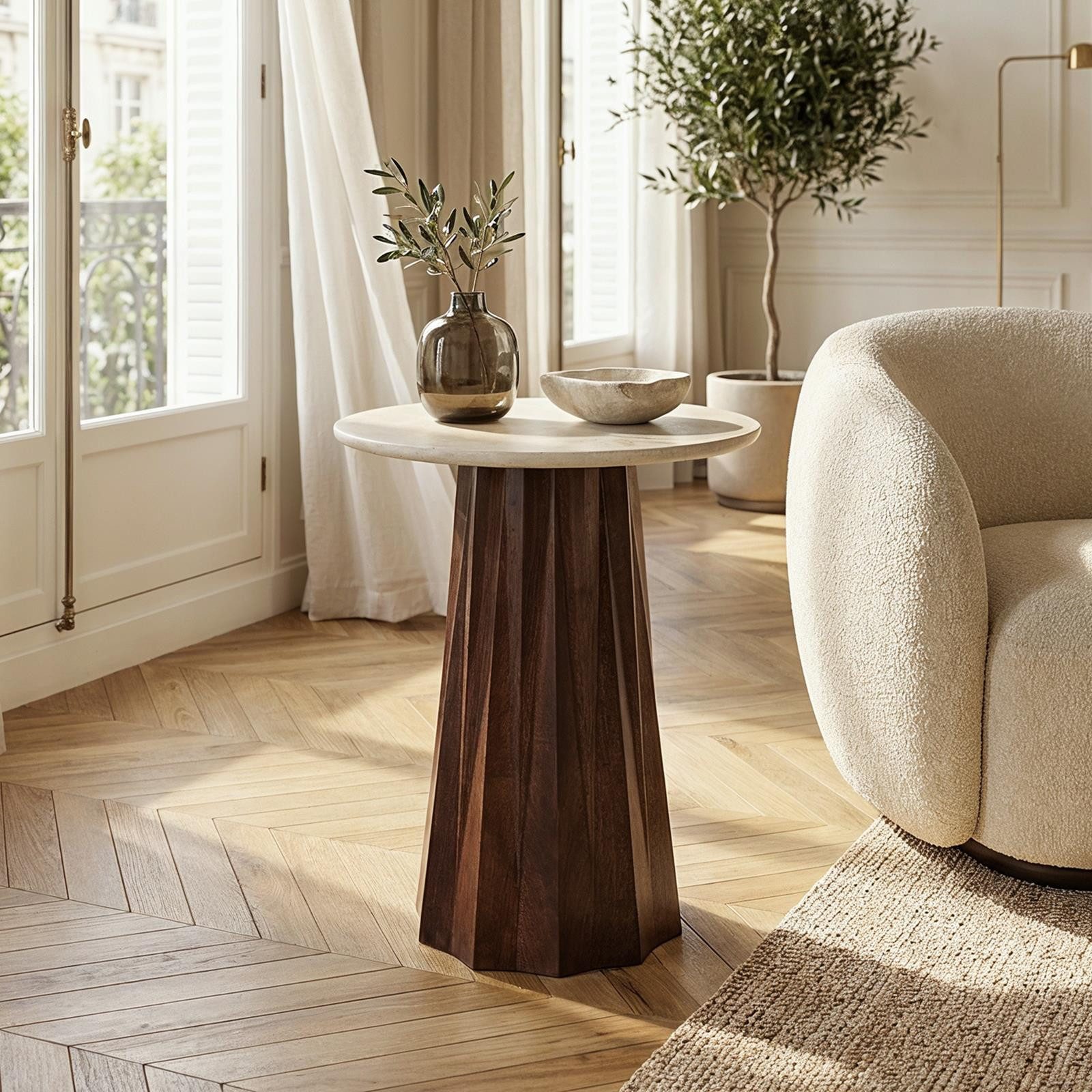 IDIMEX Beistelltisch LUANA, Wohnzimmertisch 45 cm aus Mangoholz mit Marmorplatte Braun/Beige