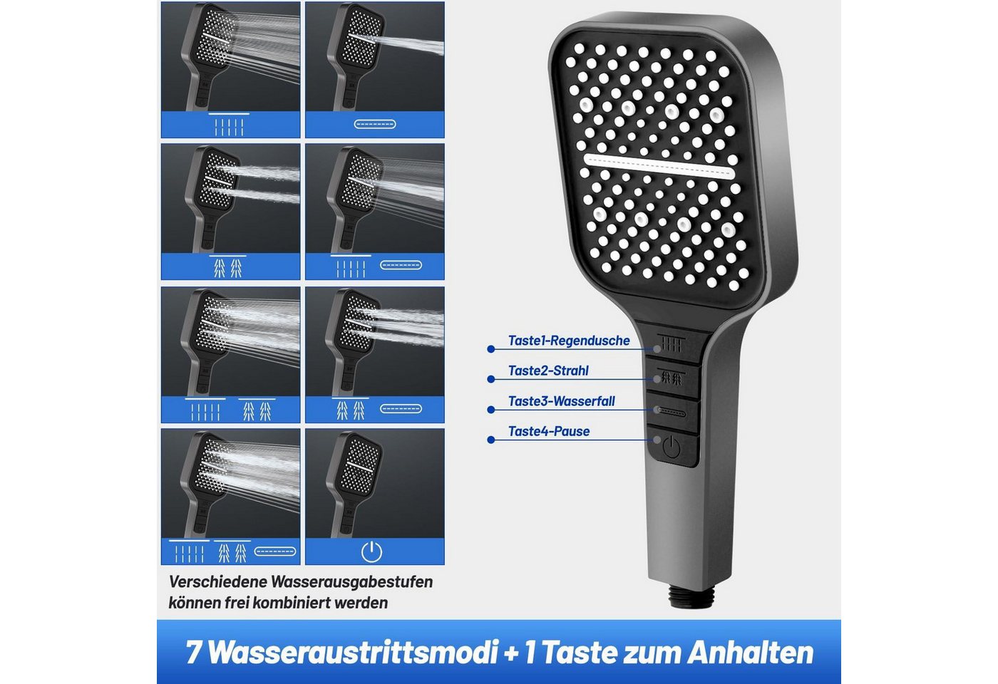 Thumbnail - LuxusKollektion Handbrause Duschkopf 7 Strahlarten Regendusche Stopptaste Wassersparend grau