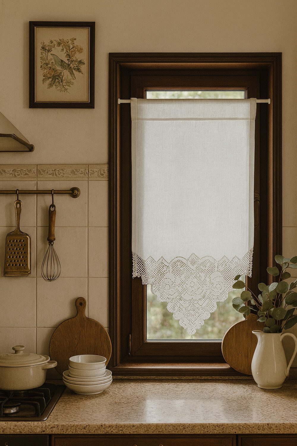 HOSSNER - ART OF HOME DECO Scheibengardine 30x45 cm (1 St), blickdicht, Leinen, Vintage, Romantische Stickerei