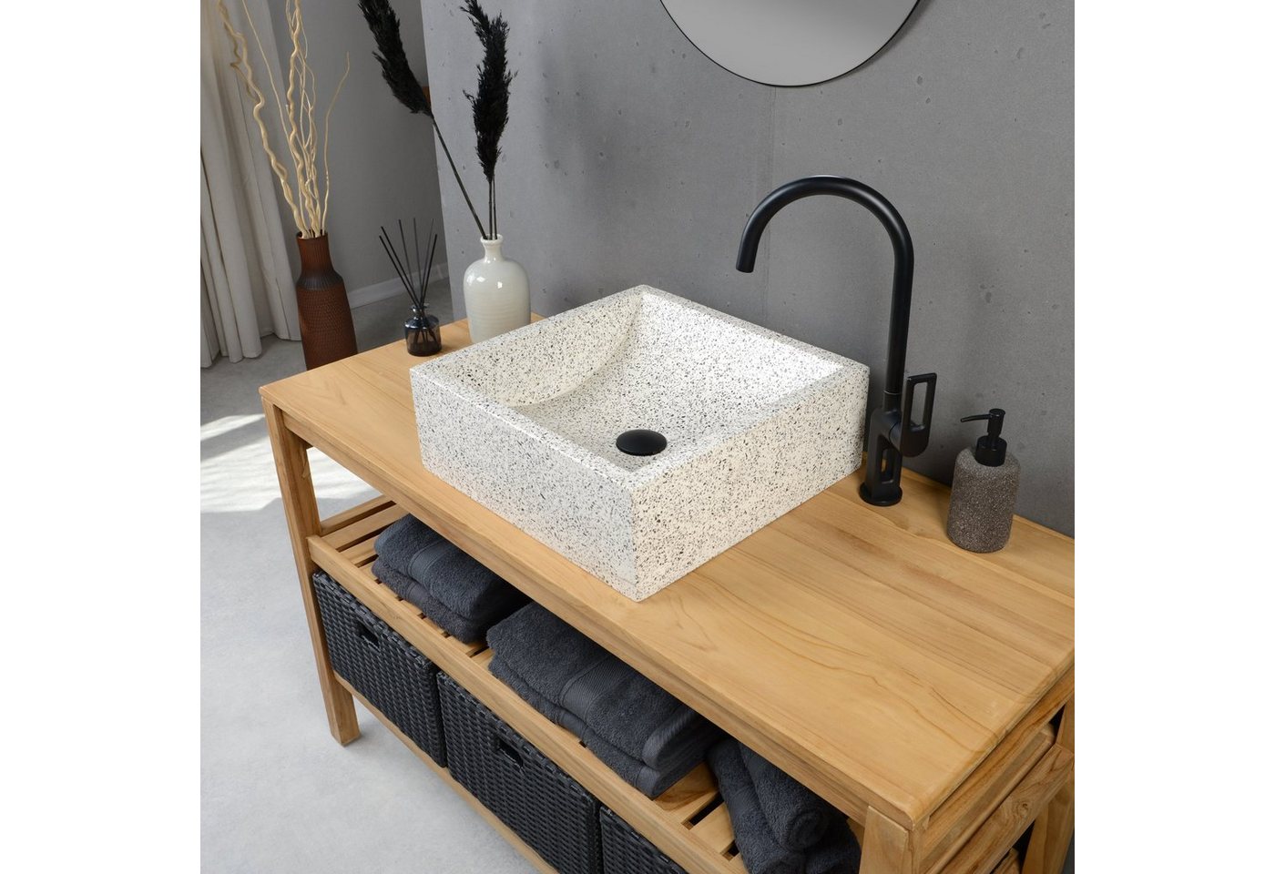Thumbnail - wohnfreuden Aufsatzwaschbecken Terrazzo Waschbecken THERA 40 cm in weiß mit grau gesprenkelt (Kein Set), 3_125812
