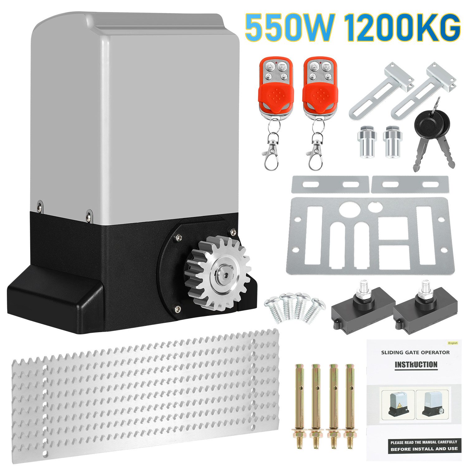Clanmacy Schiebetorantrieb 550W Torantrieb Toröffner Motor 1200kg Schiebetor Antrieb Komplett-Set, mit Gleitschiene, (IP44 wasserdicht, mit 2 orangen Schlüssel und 1 Fernbedienung), Betriebene Türen Eisenwaren