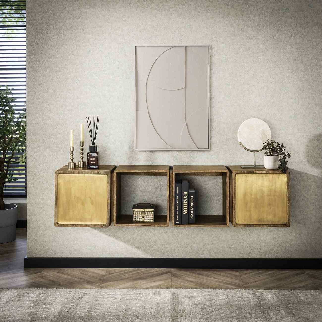 Feeling4Home TV-Board Latona - Mangoholz massiv Braun mit Messingdekor, 170 cm, Schwebendes Design mit Schubladefront in Messingoptik