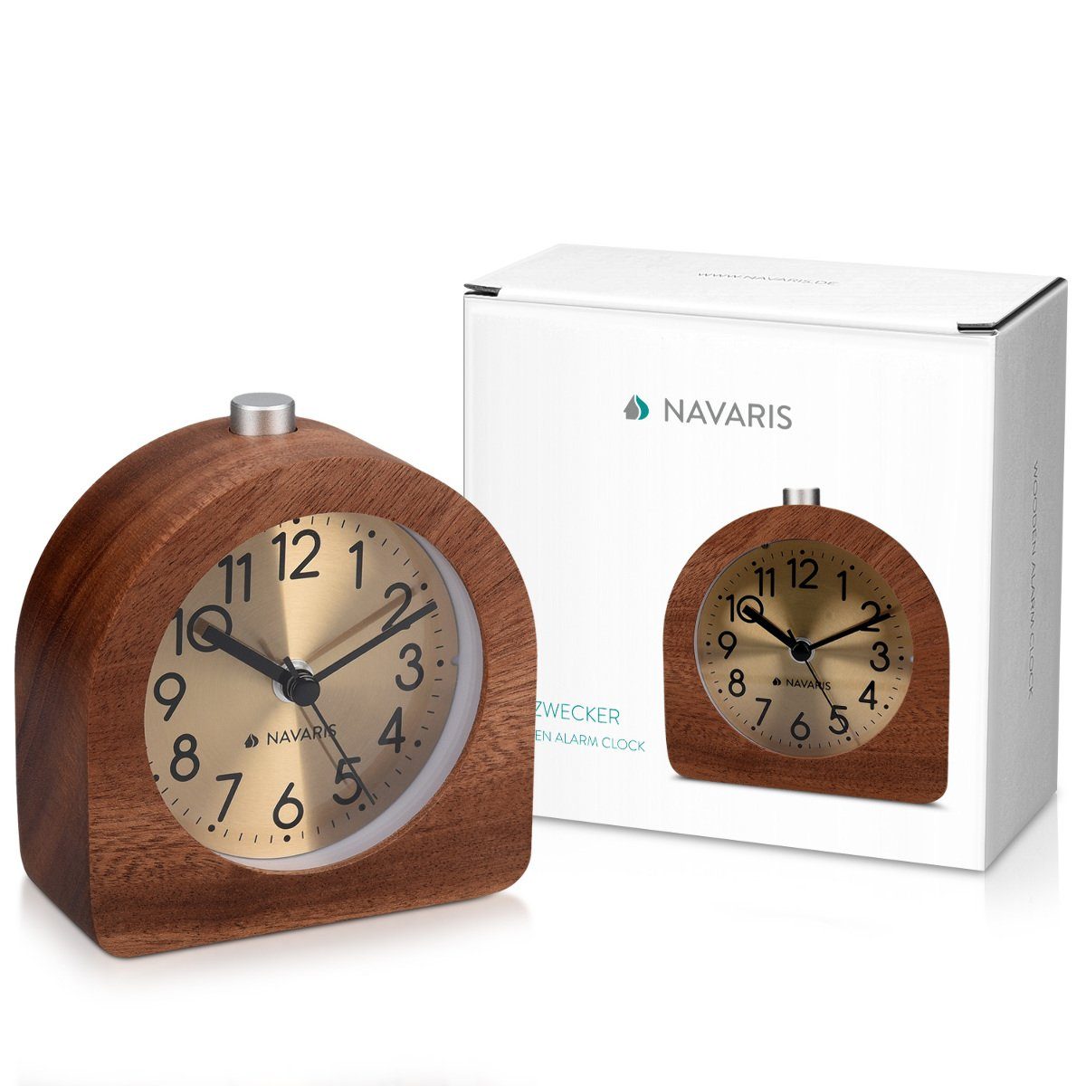 Navaris Reisewecker Analog Holz Wecker Retro Halbrund/Quadrat Dunkelbraun mit Uhr Snooze