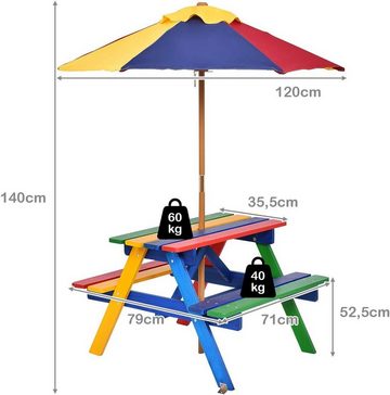 KOMFOTTEU Kindertisch Picknicktisch, aus Tannenholz, mit Sonnenschirm