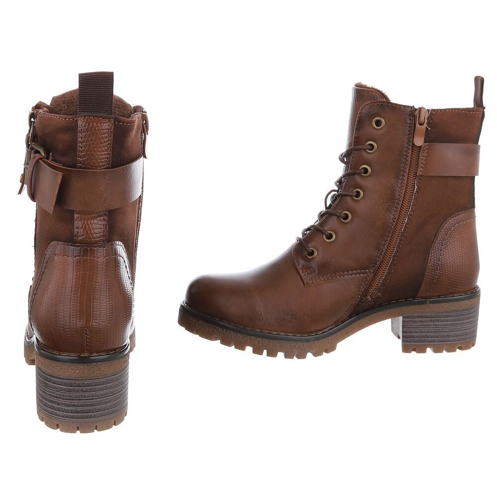 Ital-Design Damen Stiefel mit Reißverschluss und Schnürung Schnürstiefelette (90542907) Blockabsatz Stiefeletten in Camel